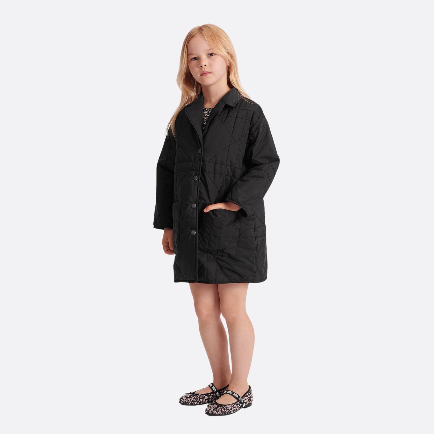 Dior Kids Coat Black Quilted Macrocannage Technical Fabric, Model, Front