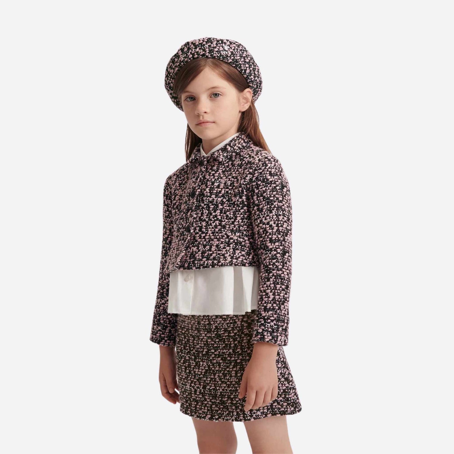 Dior Kids Cropped Jacket Black Pink and Silver Tone Tweed, Model, Front View