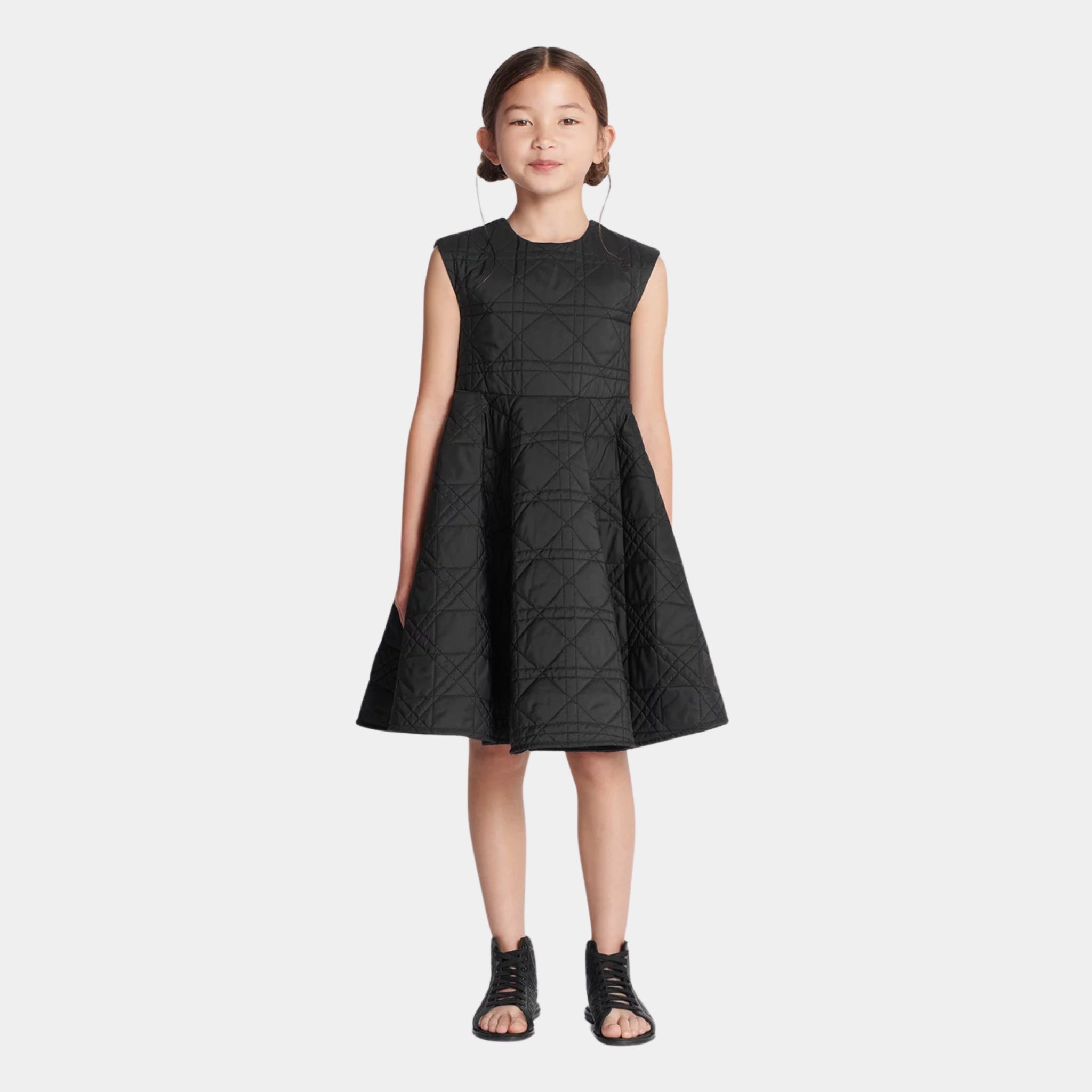 Dior Kids Flared Dress Black Macrocannage Technical Fabric, Model