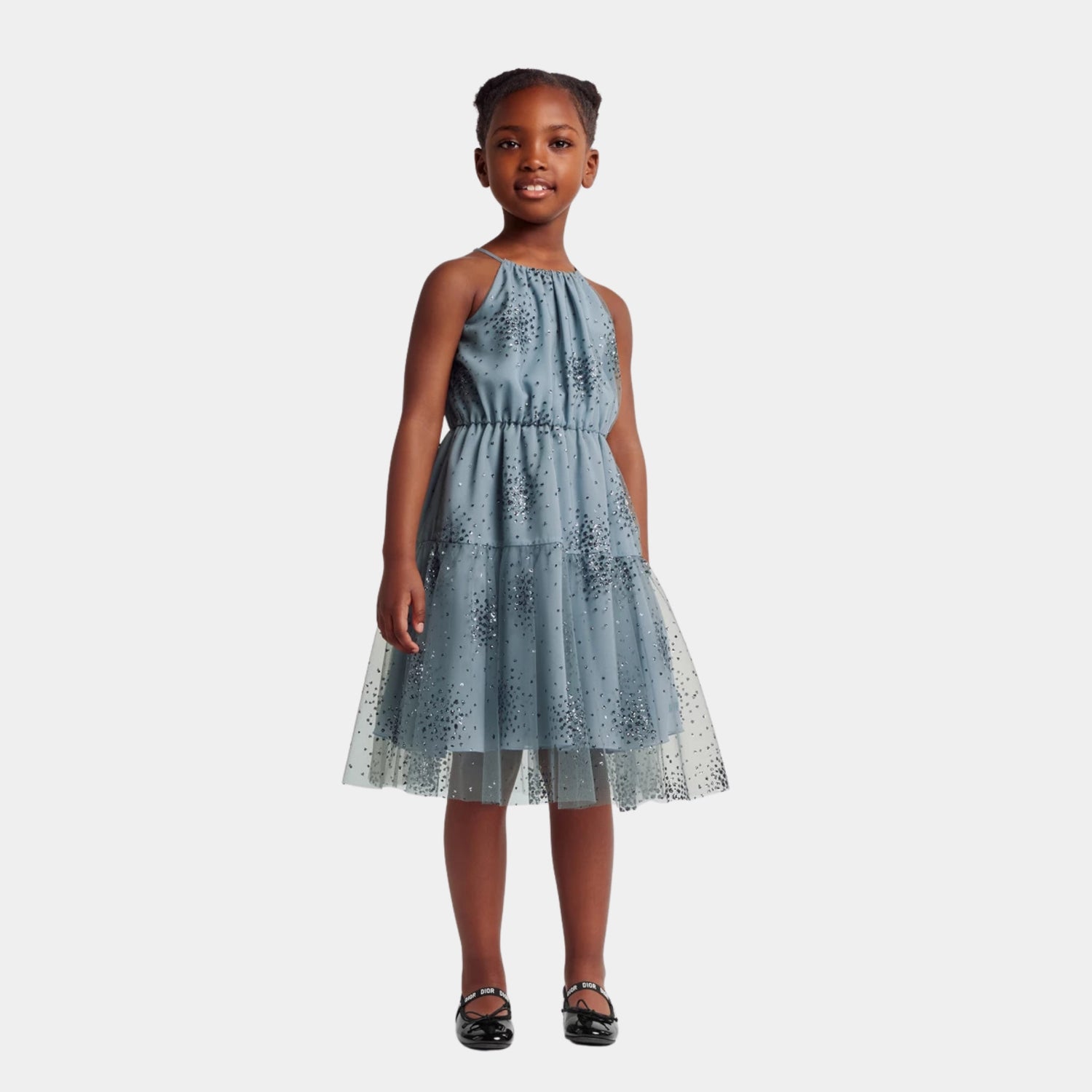 Dior Kids Flared Dress Glitter Tulle, Slate Blue, Model