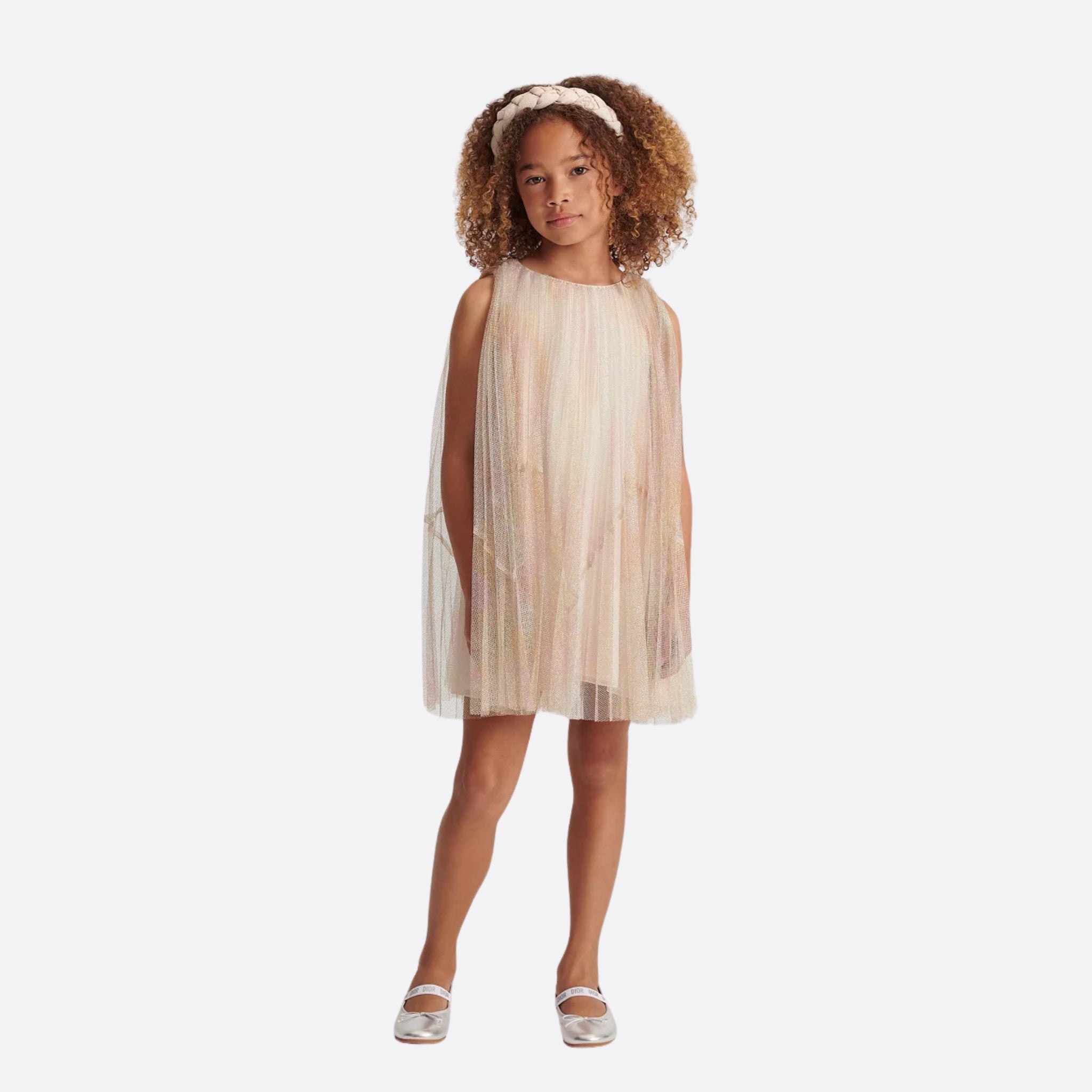 Dior Kids Flared Dress Metallic Multicolor Pleated Tulle, Model, Front View