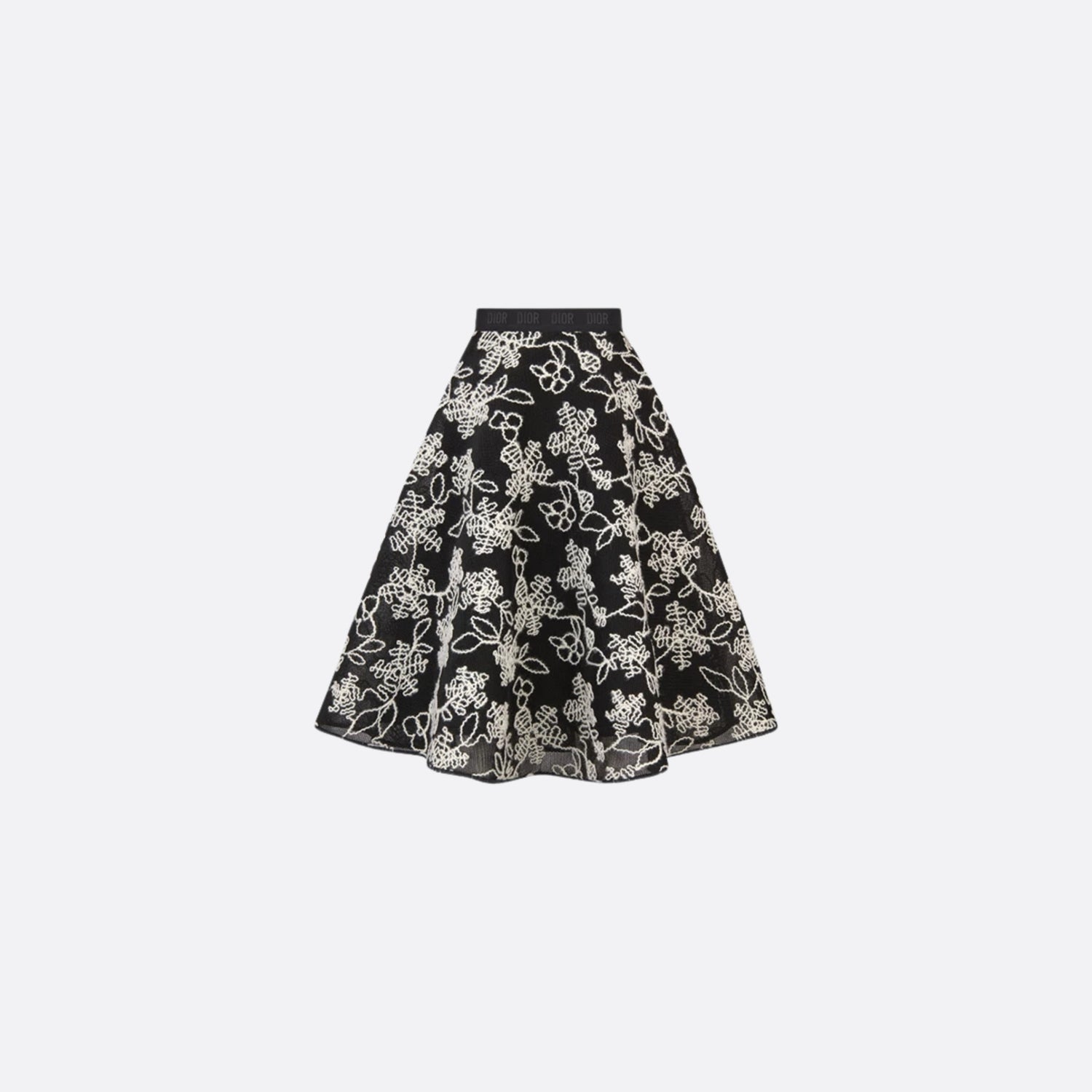 Dior Kids Flared Skirt Black Mesh With Ivory Floral Motif, Front View, Back View