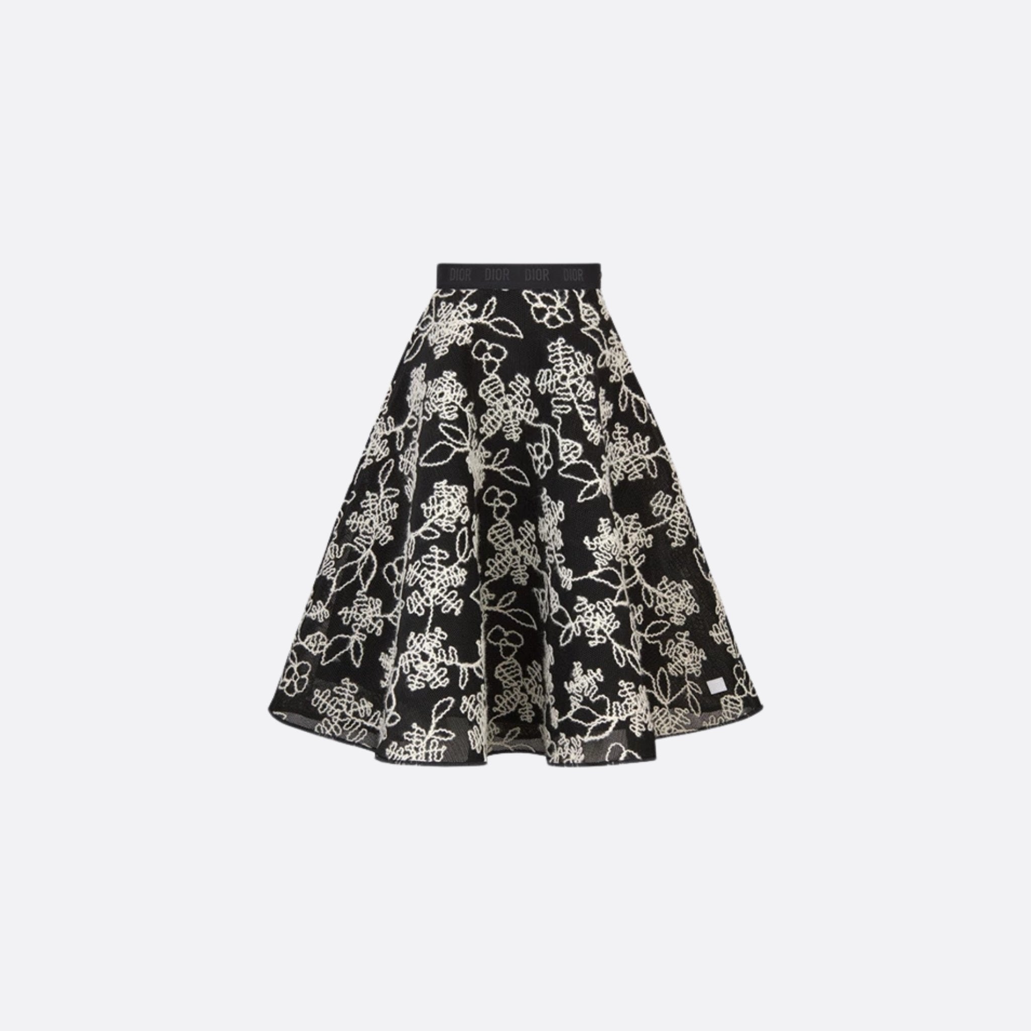 Dior Kids Flared Skirt Black Mesh With Ivory Floral Motif, Front View