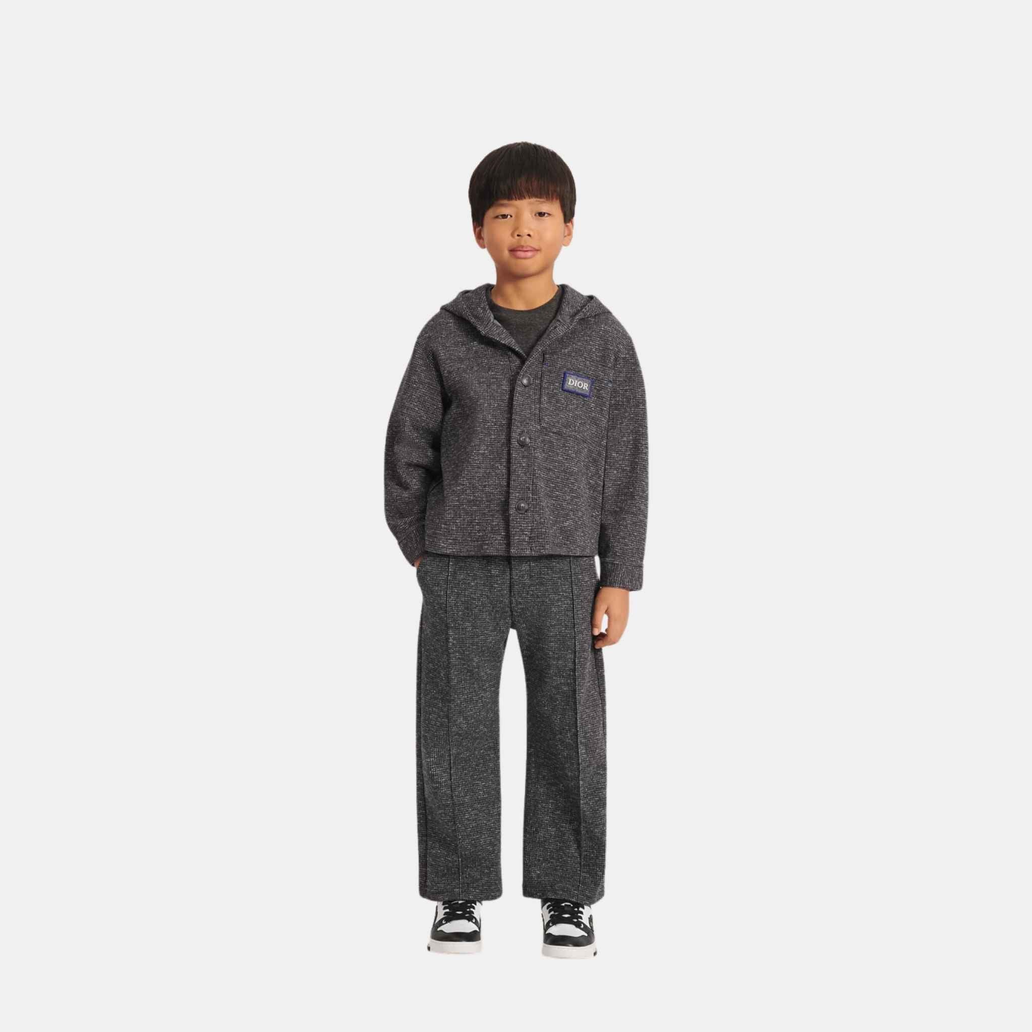 Dior Kids Hooded Jacket Deep Gray Micro-Houndstooth Cotton Jersey, Model