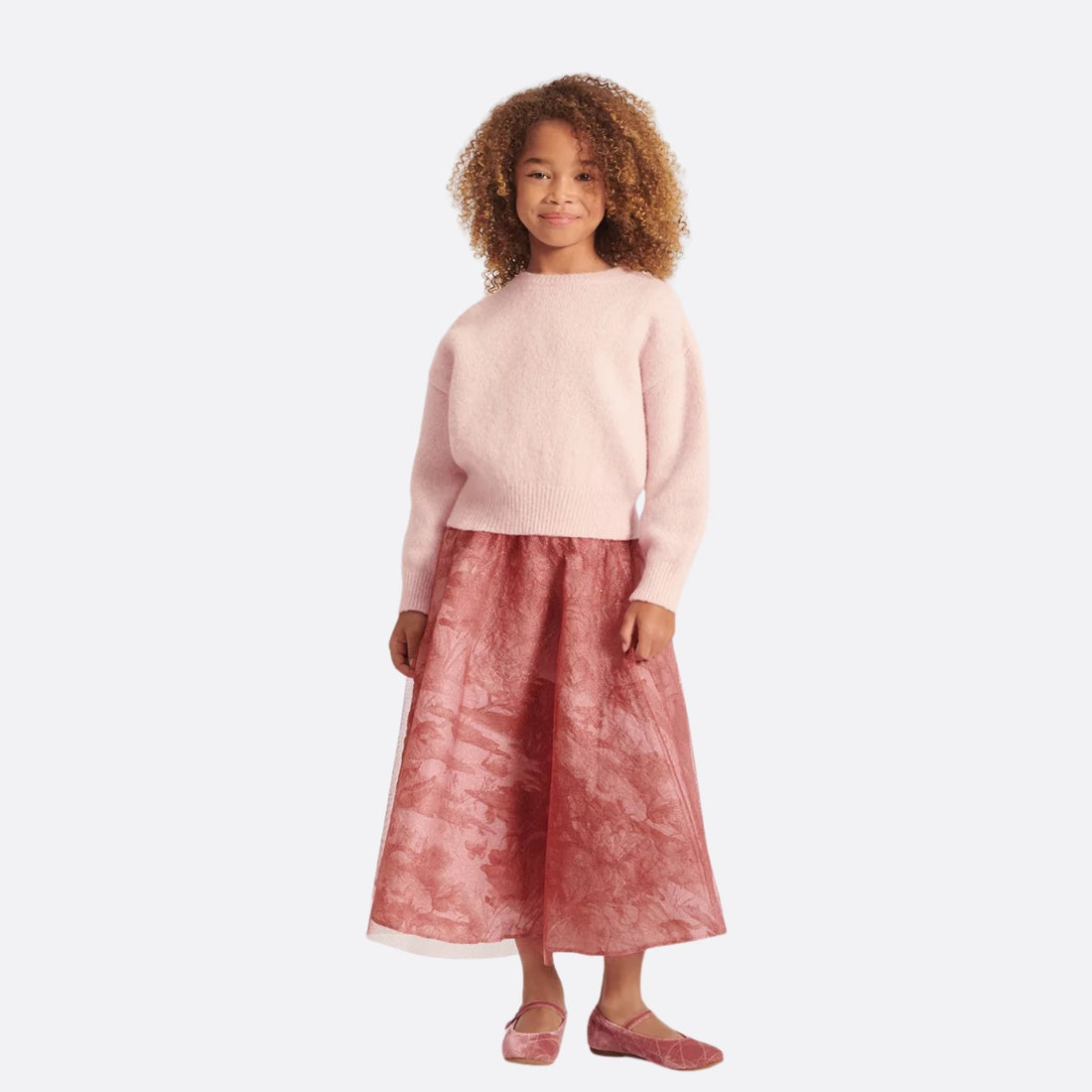 Dior Kids Long Skirt Antique Pink Cloqué Technical Fabric &amp; Tulle, Model, Front View