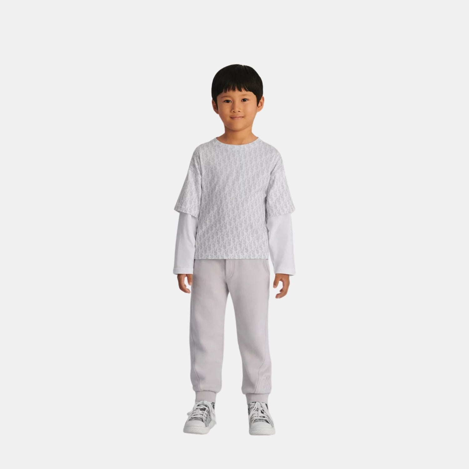 Dior Kids Long-Sleeved T-Shirt Gray &amp; Beige Oblique Cotton Jersey, Model