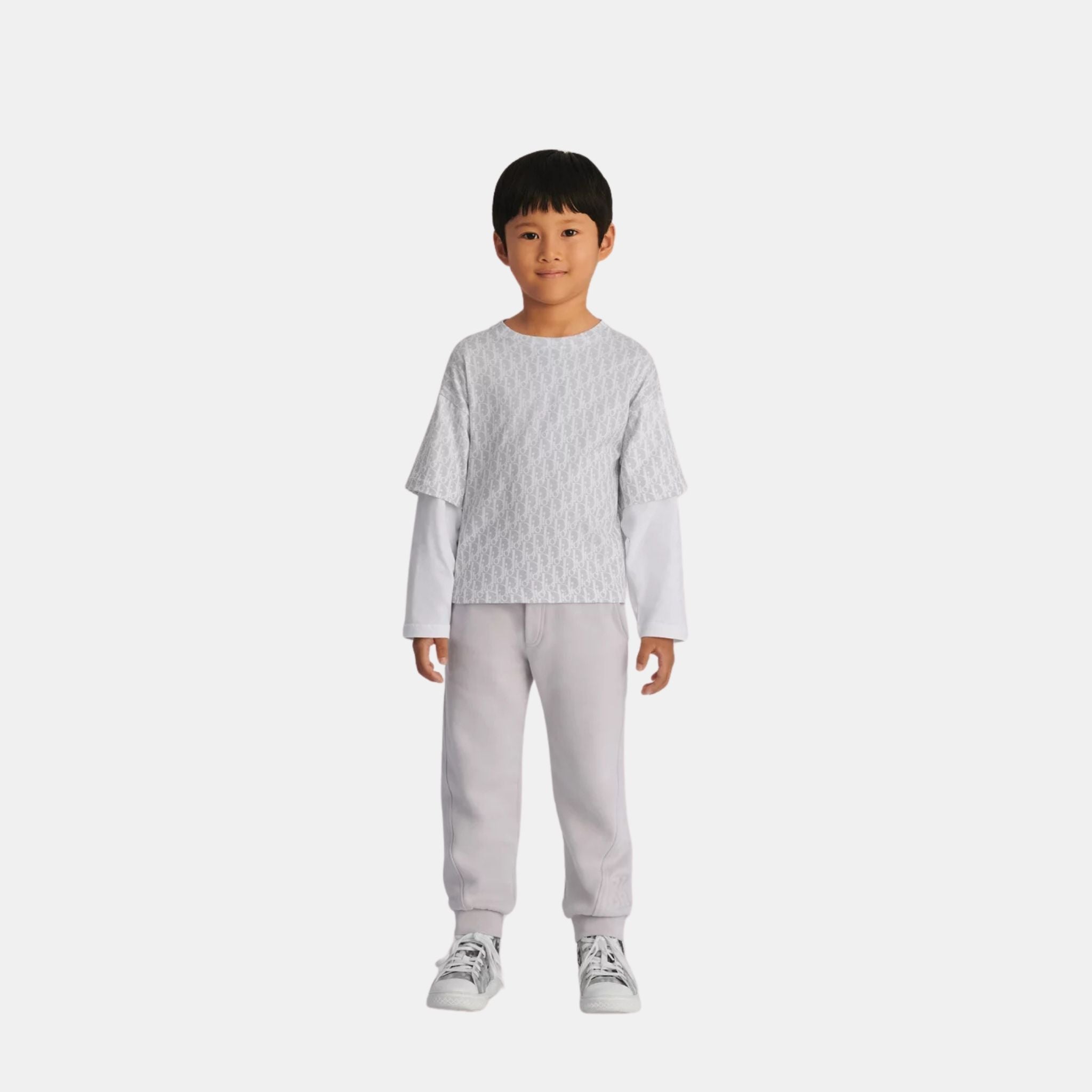 Dior Kids Long-Sleeved T-Shirt Gray &amp; Beige Oblique Cotton Jersey, Model