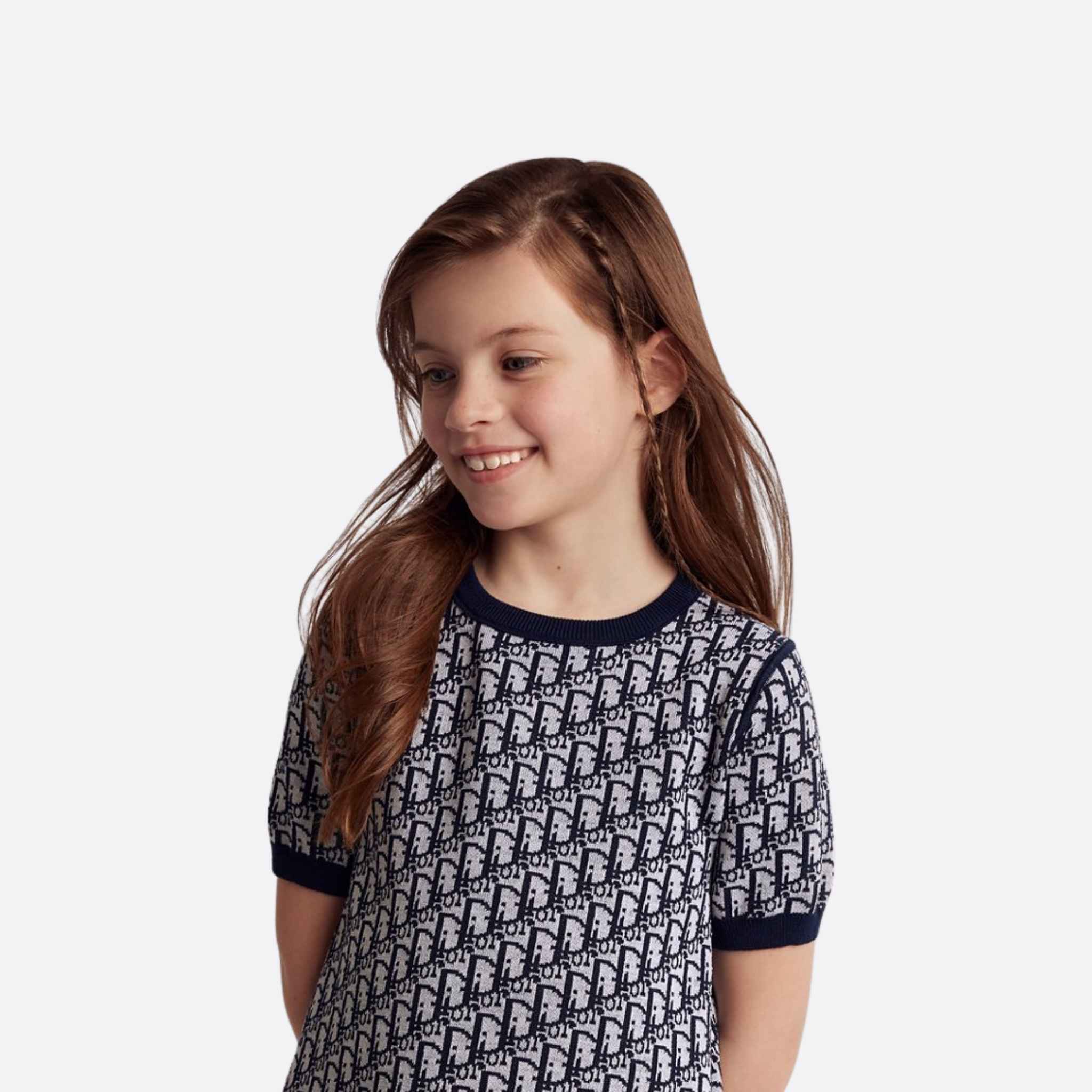 Dior Kids Reversible A-Line Dress Navy Wool and Ivory Blue Dior Jacquard, Reverse, Model