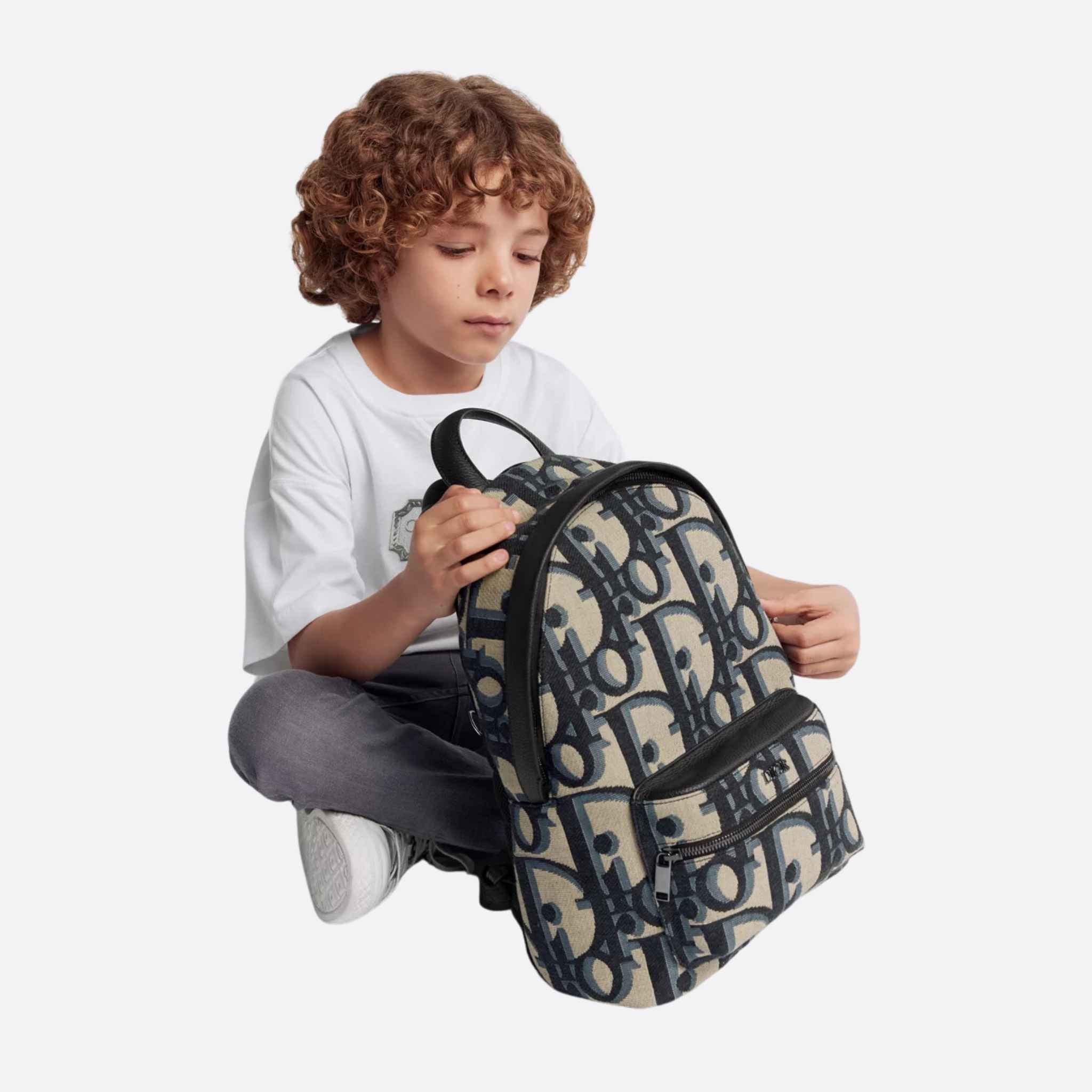 Dior Kids Rider Backpack Beige and Blue Maxi Dior Oblique Jacquard, Model, Front