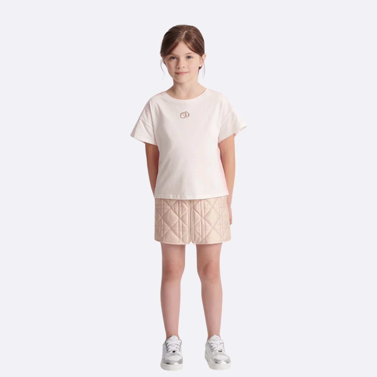 Dior Kids Short Skirt Pale Pink Cannage Satin Finish Technical Fabric, Model, Front View