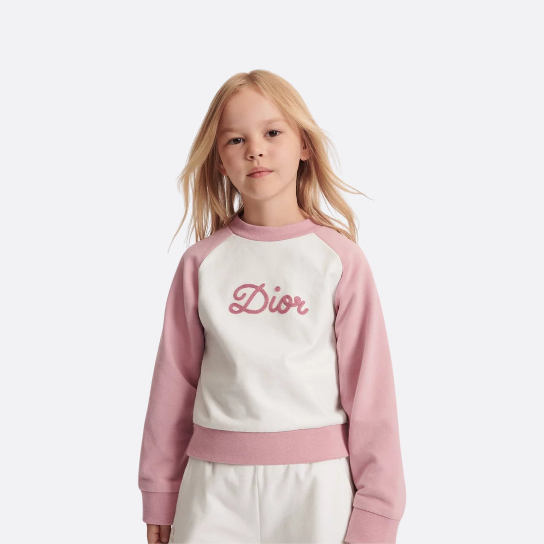 Dior Kids Sweatshirt Ivory &amp; Antique Pink Cotton Fleece, Model, Front View