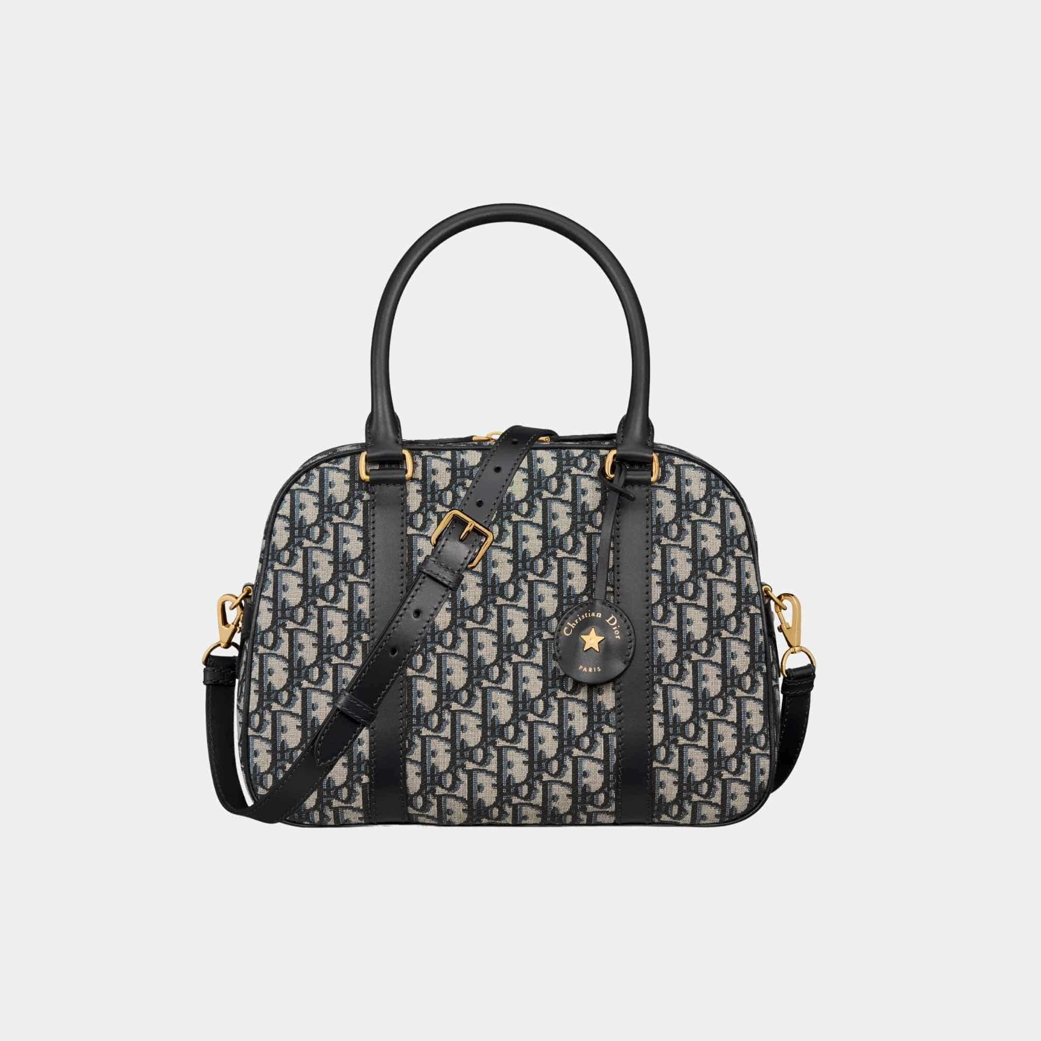 Dior Large D-Vibe Bowling Bag Blue Dior Oblique Jacquard, Front