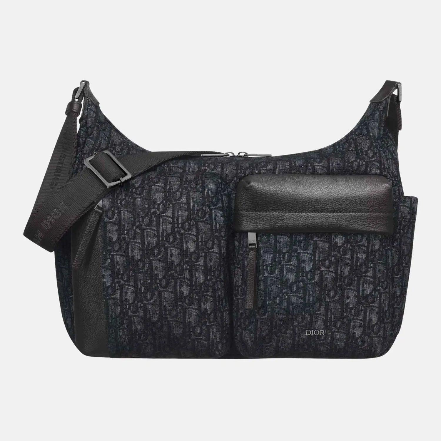 Dior Medium Rider Soft Hobo Bag in Oblique and Grained Calfskin, Black, Front