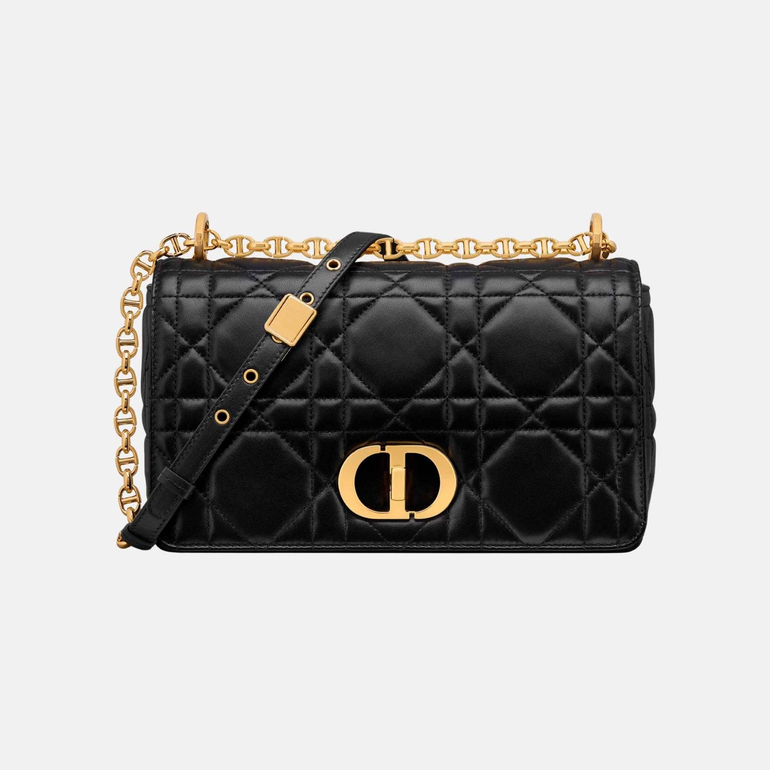 Dior Medium Soft Caro Bag In Macrocannage Lambskin, Black, Front