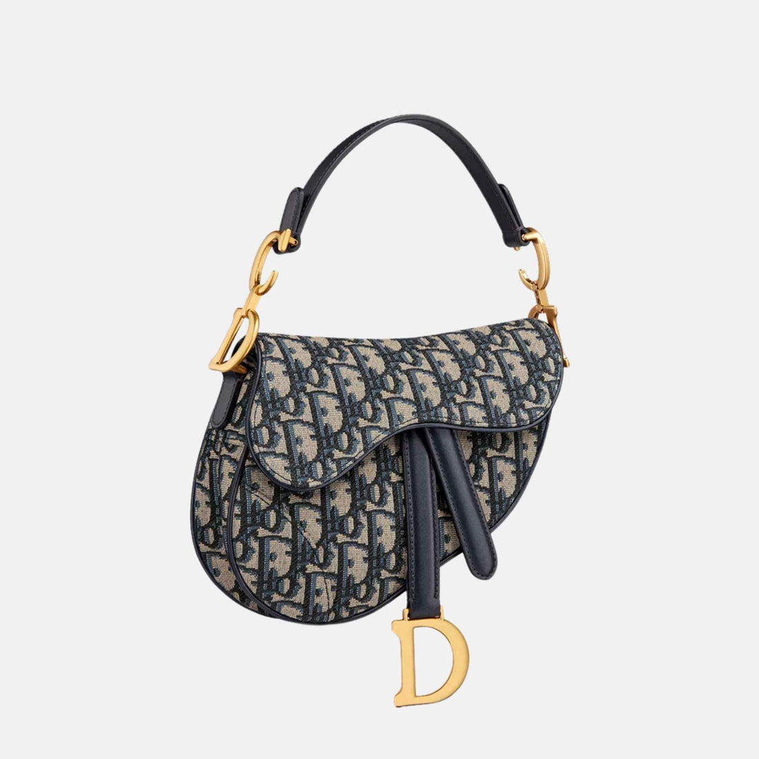 Dior حقيبة سادل ميني مع حزام بنقشة أوبليك جاكار، أزرق كحلي، جانبية