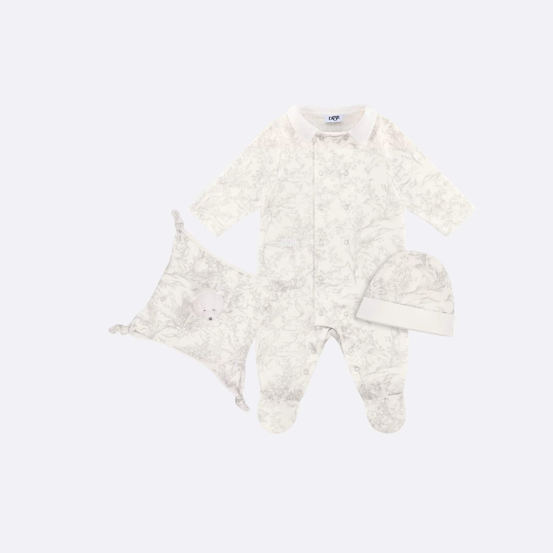 Dior Newborn Gift Set Ivory Cotton Interlock Light Gray Lily of the Valley Print, Set