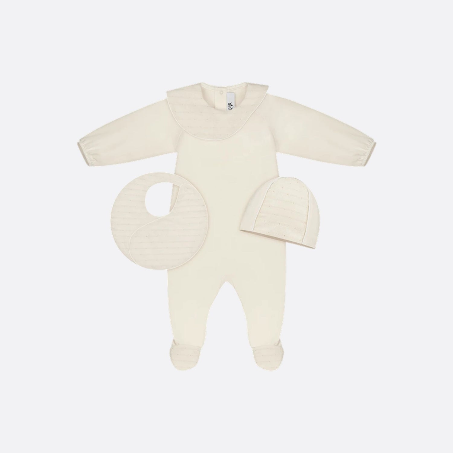 Dior Newborn Gift Set Ivory Cotton Voile Jersey with Gold Tone Cannage, FrontView