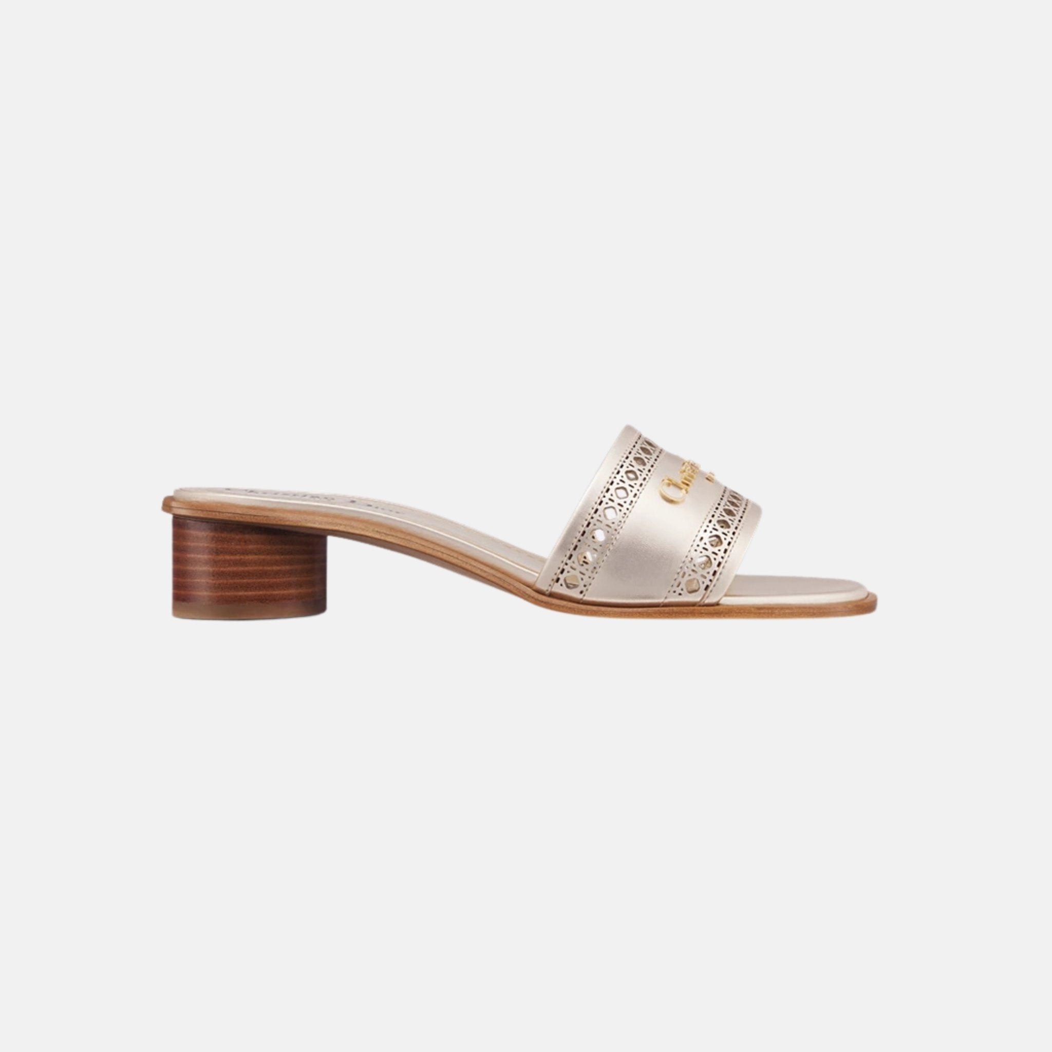 Dior Or D Lane Heeled Slide In Microcannage Laminated Calfskin, Gold, Side