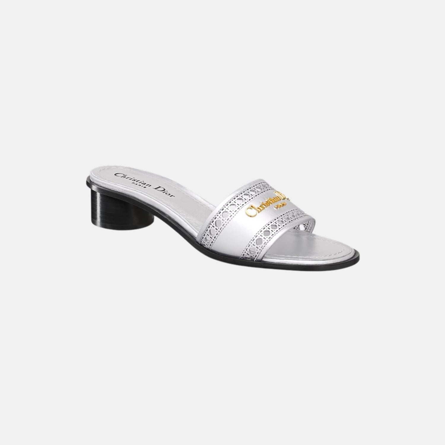 Dior Or D Lane Heeled Slide In Microcannage Laminated Calfskin, Silver, Front