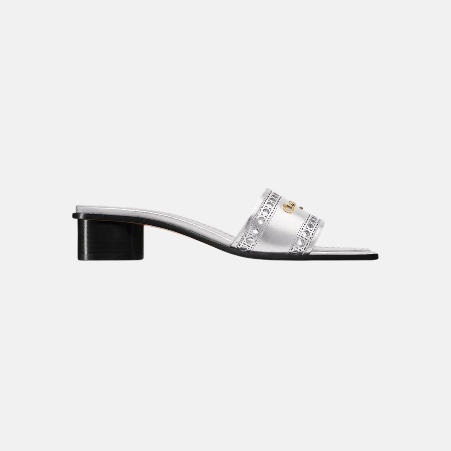 Dior Or D Lane Heeled Slide In Microcannage Laminated Calfskin, Silver, Side