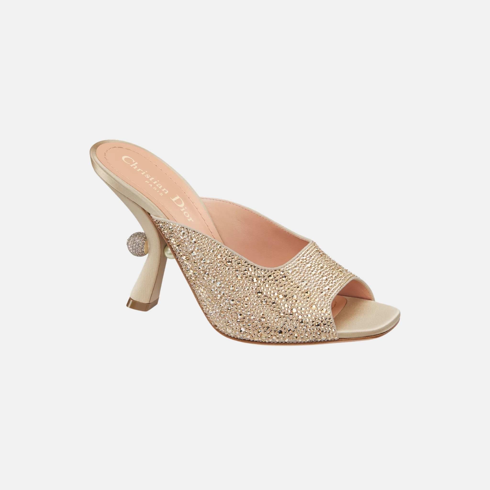 Dior Or Dior Tribales Heeled Slide In Suede Goatskin &amp; Strass, Beige, Front