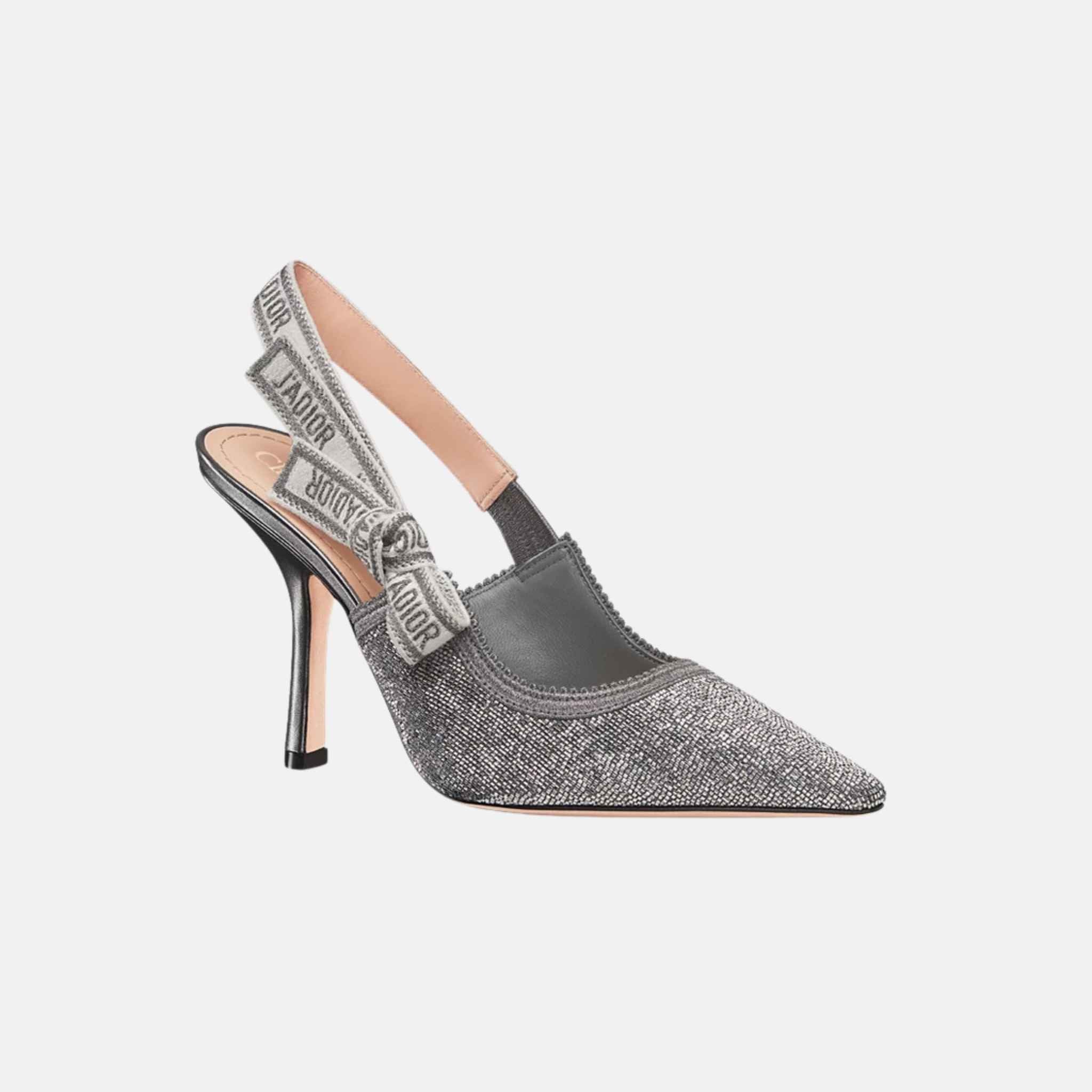 Dior Or JAdior Slingback Pump In Embroidered Cotton &amp; Beads, Silver, Front