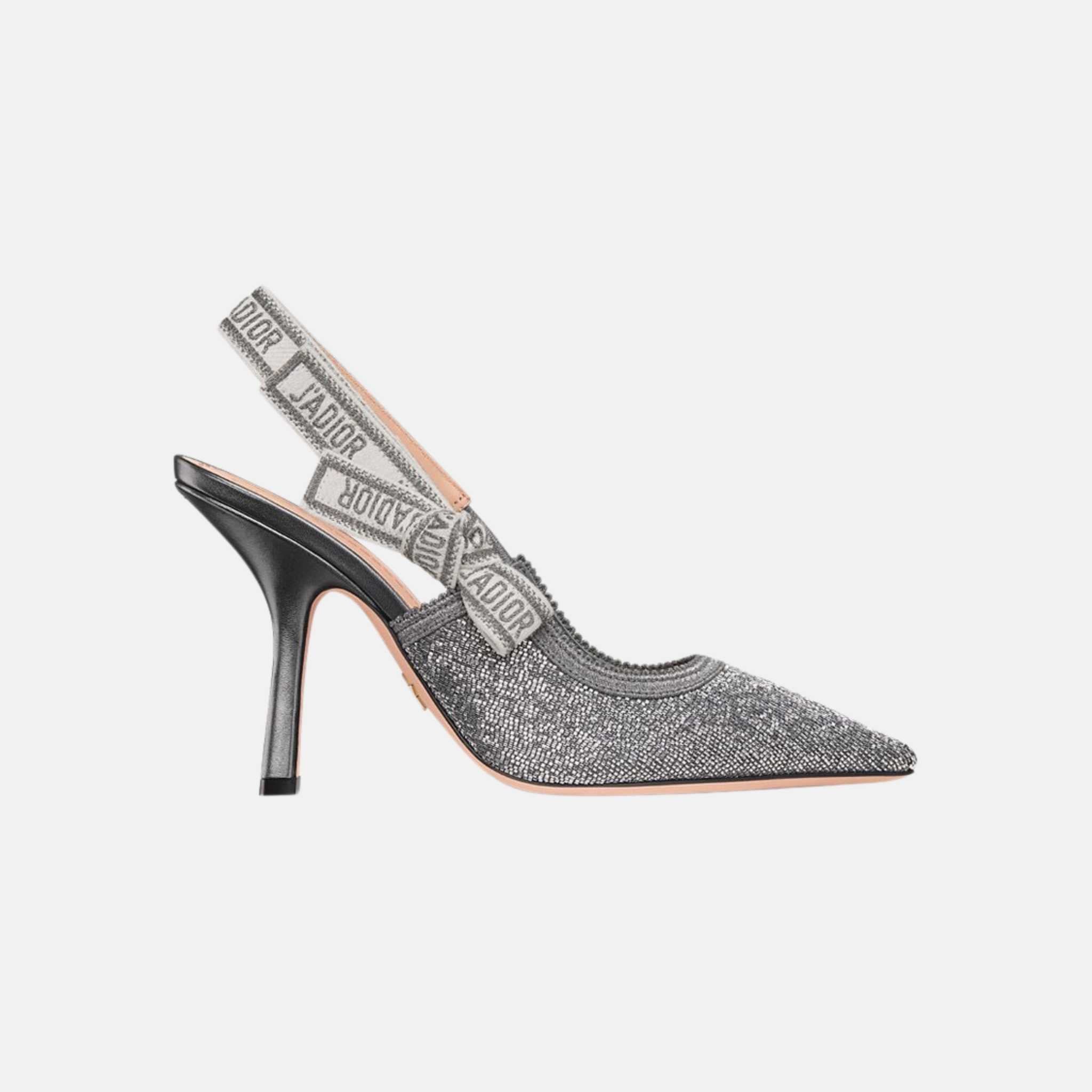 Dior Or JAdior Slingback Pump In Embroidered Cotton &amp; Beads, Silver, Side