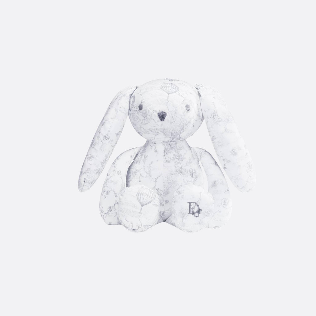 Dior Rabbit Stuffed Toy White Cotton Satin with Toile de Jouy Print, Gray, Front