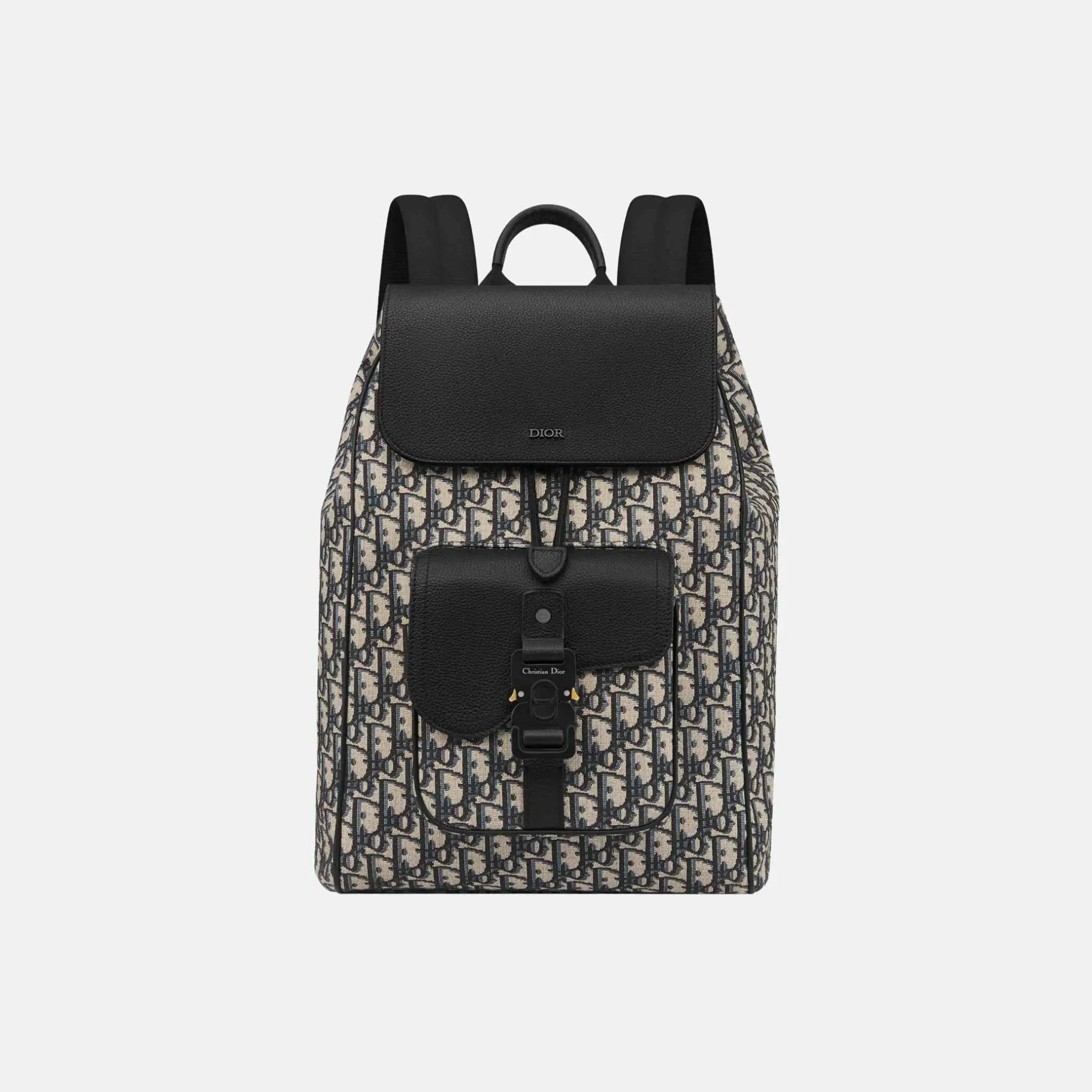 Dior Saddle Flap Backpack in Oblique and Grained Calfskin, Beige, Front