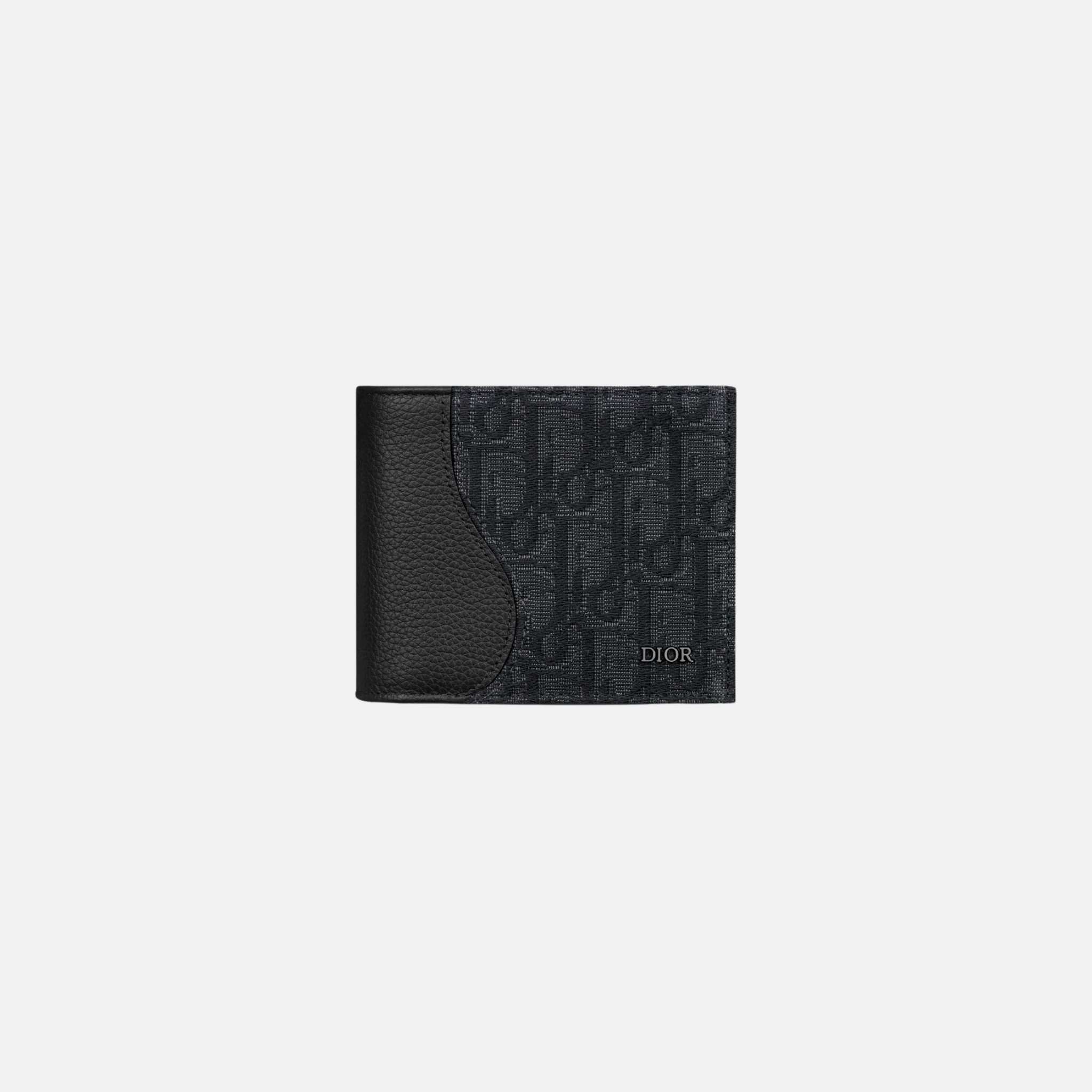 Dior Saddle Bifold Wallet In Grained Calfskin Marquetry Jacquard, Black, Front