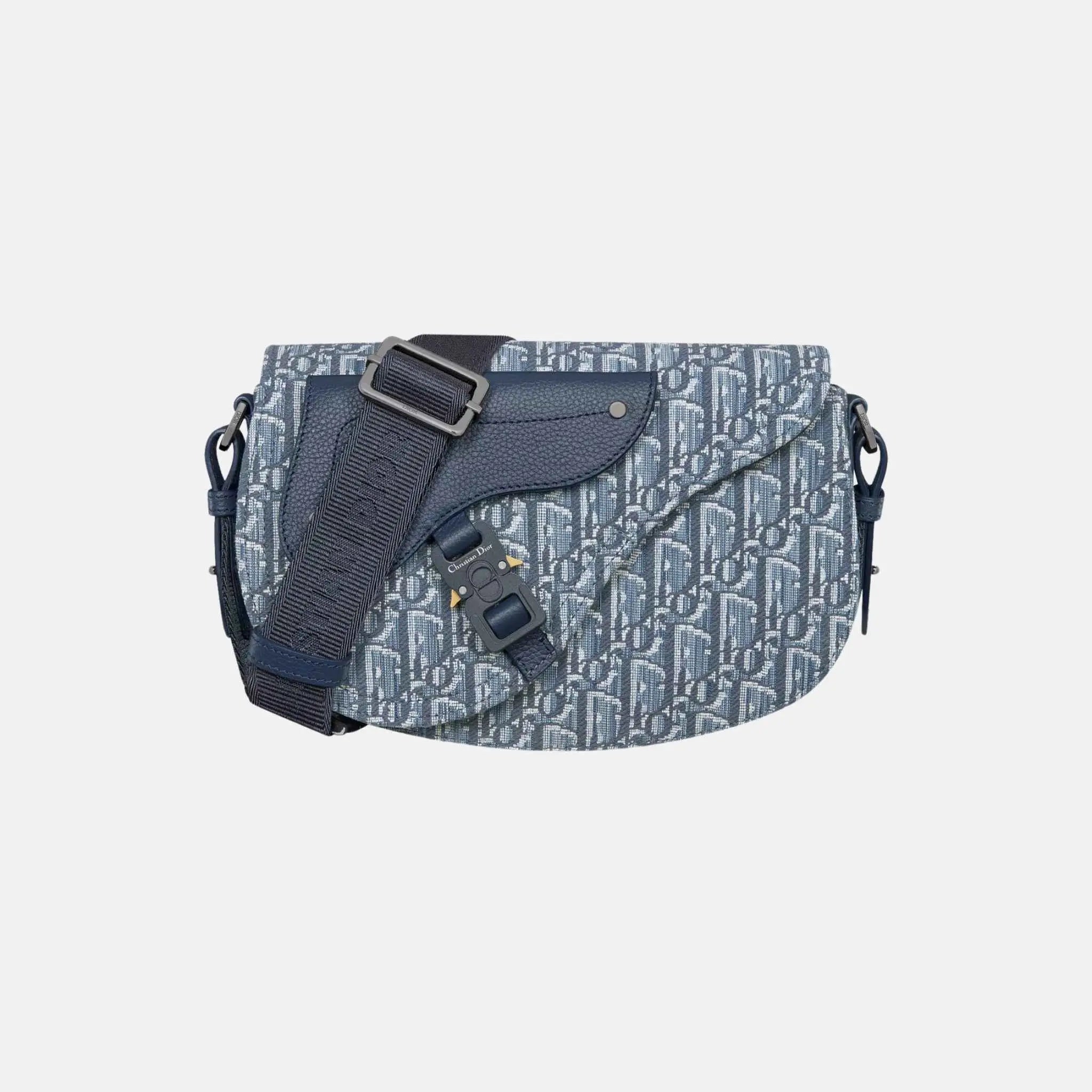 Dior Saddle Messenger Bag In Oblique Jacquard And Grained Calfskin, Blue, Front