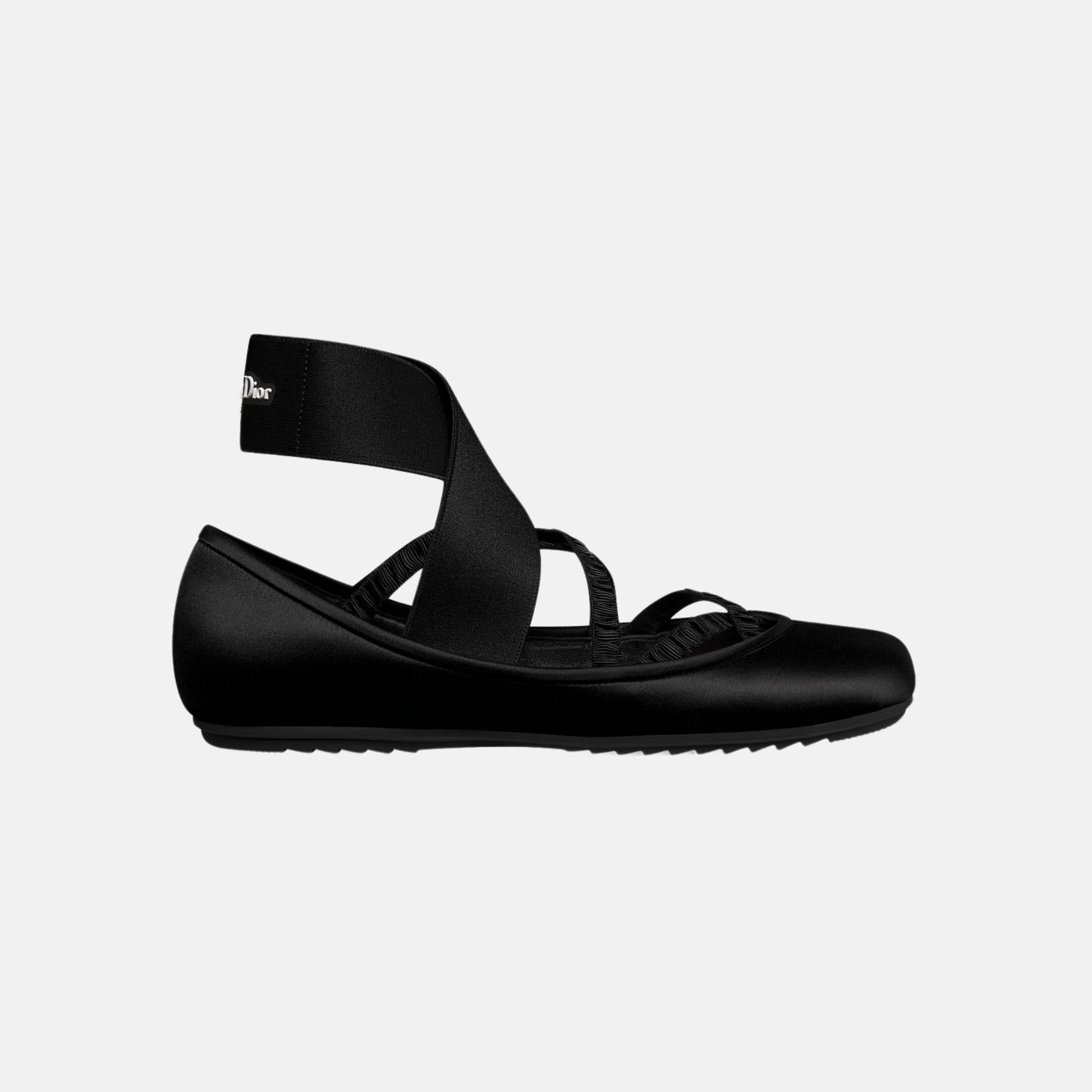 Dior Shade Ballet Flat In Satin With Elastic Straps, Black, Side