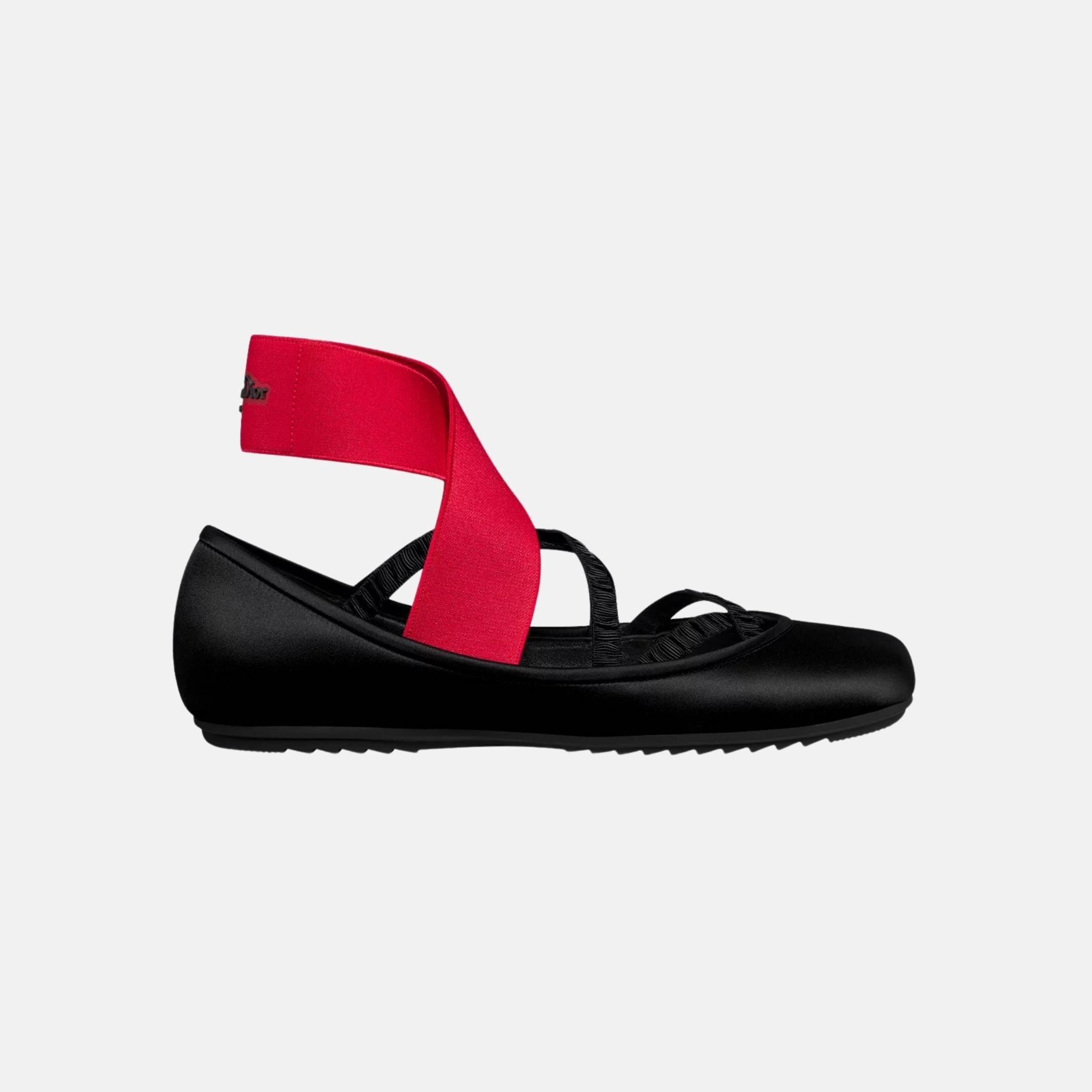Dior Shade Ballet Flat In Satin With Elastic Straps, Red, Side