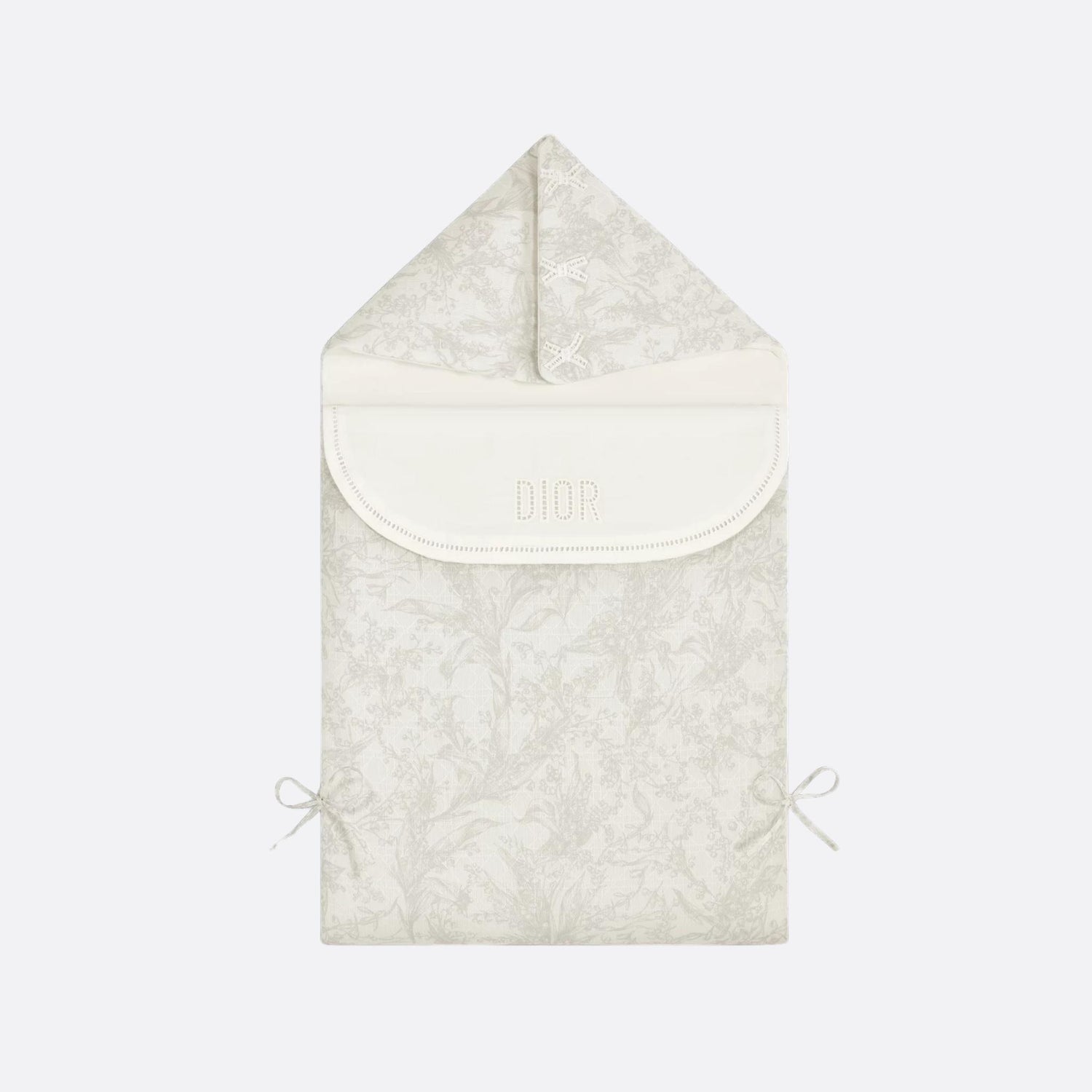 Dior Sleeping Bag Ivory Cotton Voile with Cannage Jacquard and Lily of the Valley Print, Light Gray, Front