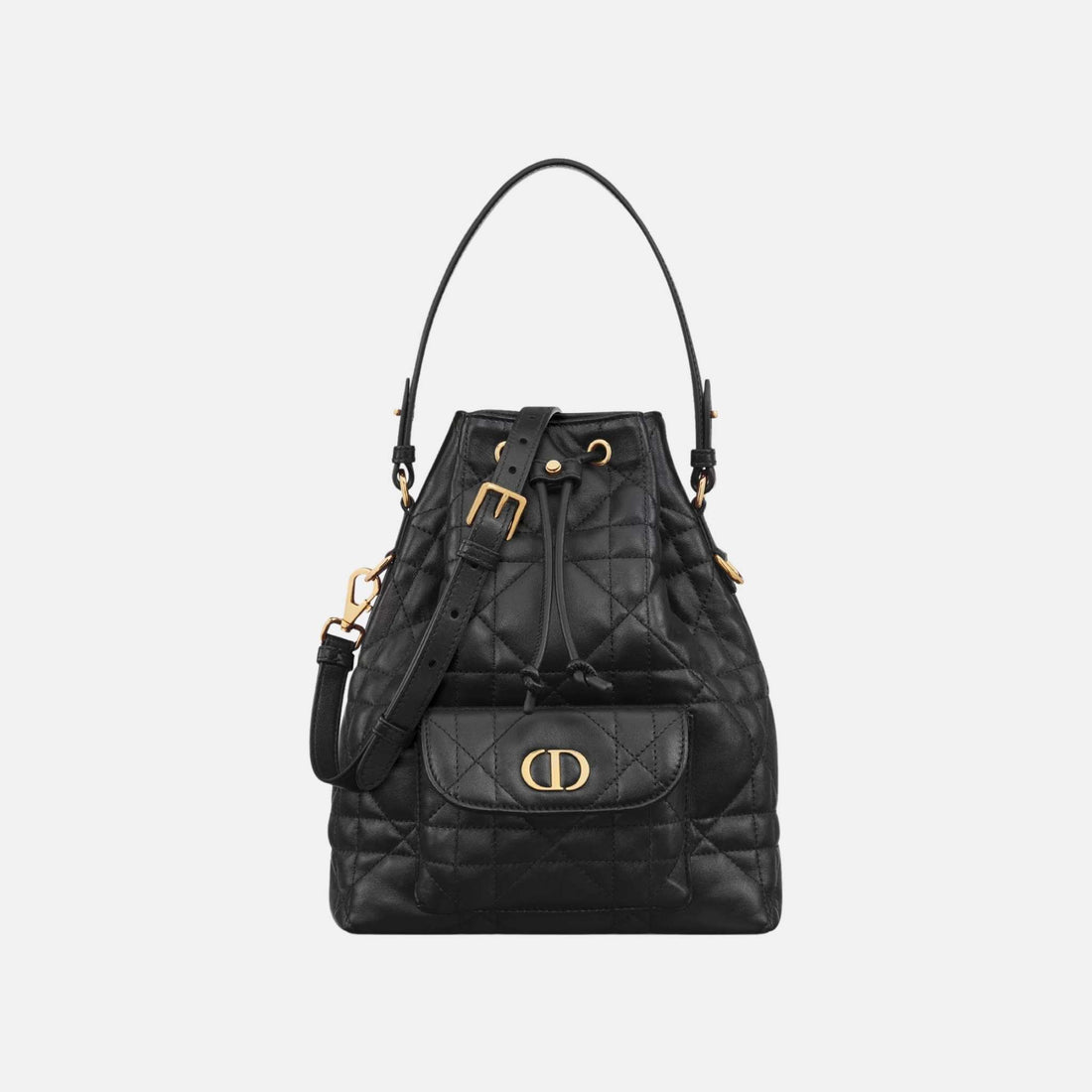 Dior Small Caro Bucket Bag In Macrocannage Lambskin, Black, Front