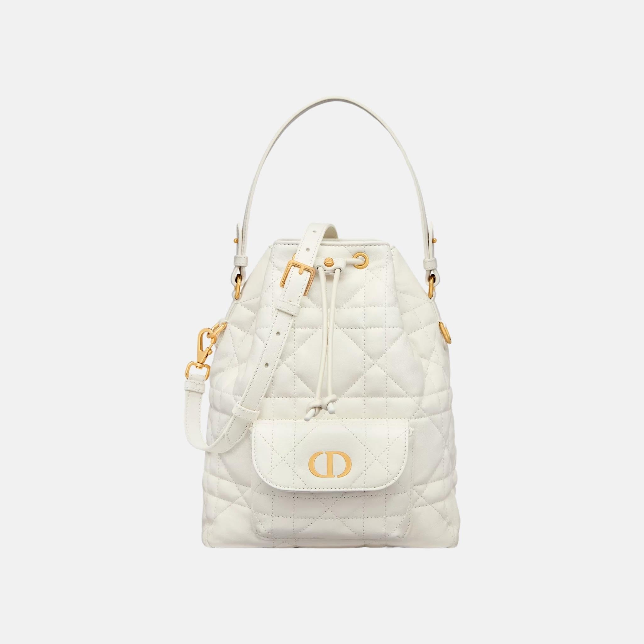 Dior Small Caro Bucket Bag In Macrocannage Lambskin, Latte, Front