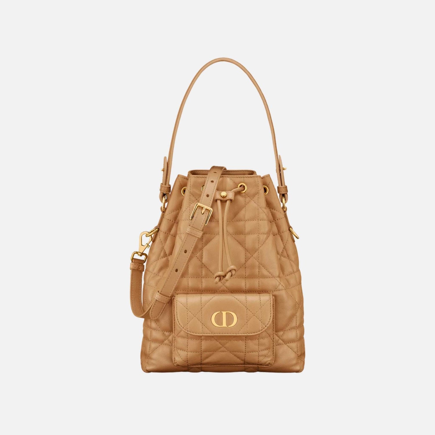 Dior Small Caro Bucket Bag In Macrocannage Lambskin, Light Gold, Front