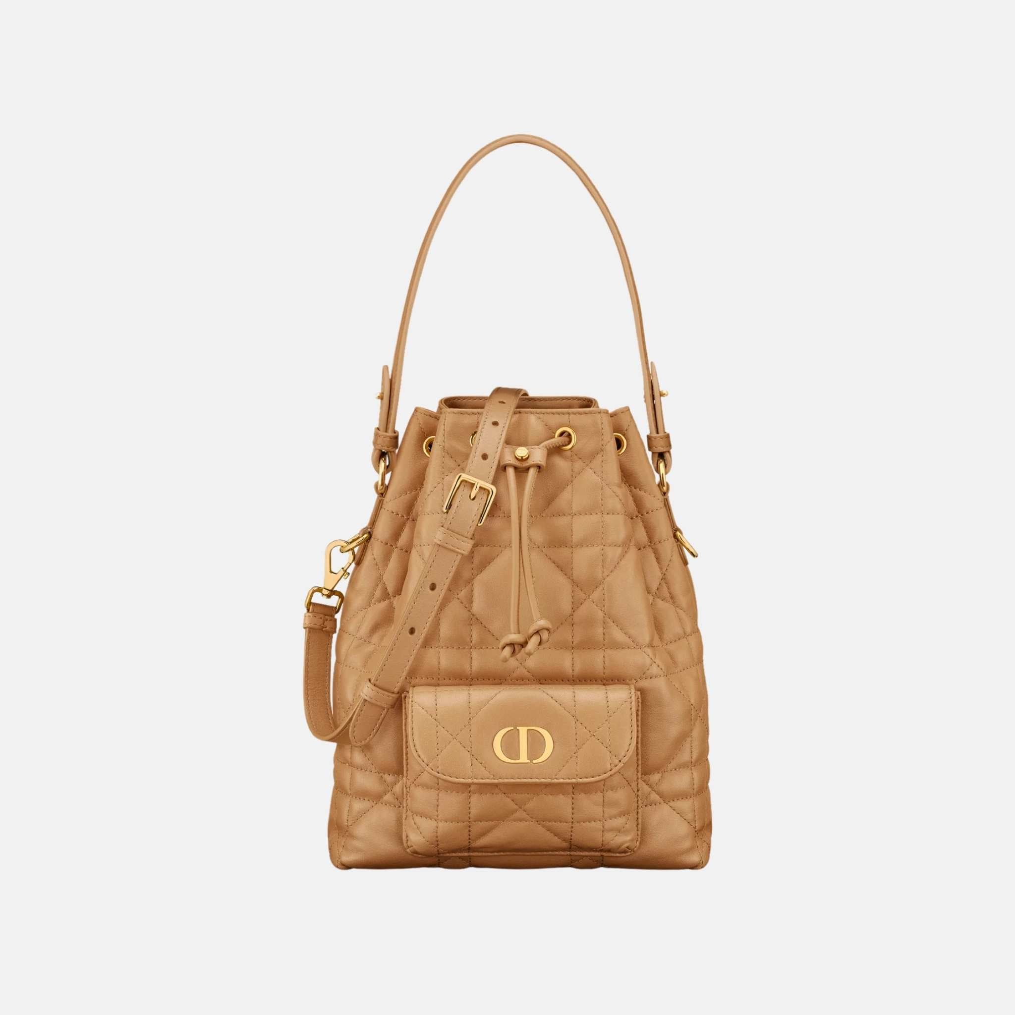 Dior Small Caro Bucket Bag In Macrocannage Lambskin, Light Gold, Front