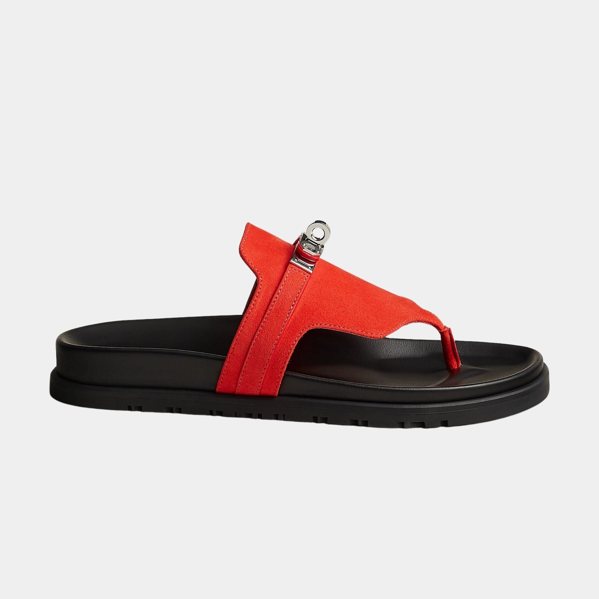 Hermes Empire Sandal Suede Palladium Plated Buckle, Rouge Grenadine, Side