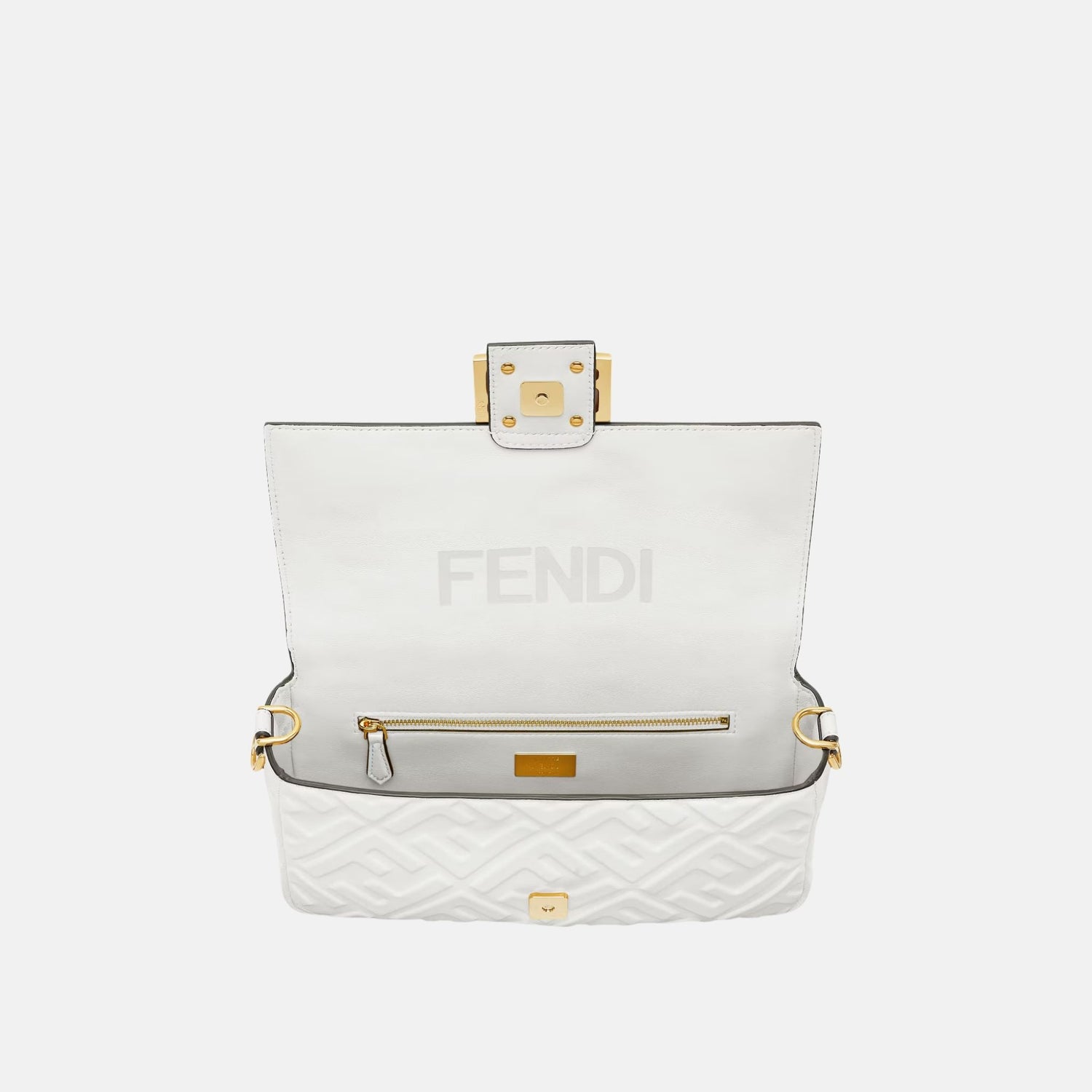 Fendi Baguette Bag In Leather, White, Inside