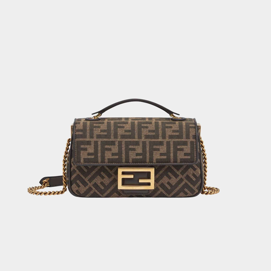 Fendi Baguette Chain Midi Brown FF Jacquard Fabric Bag, Front