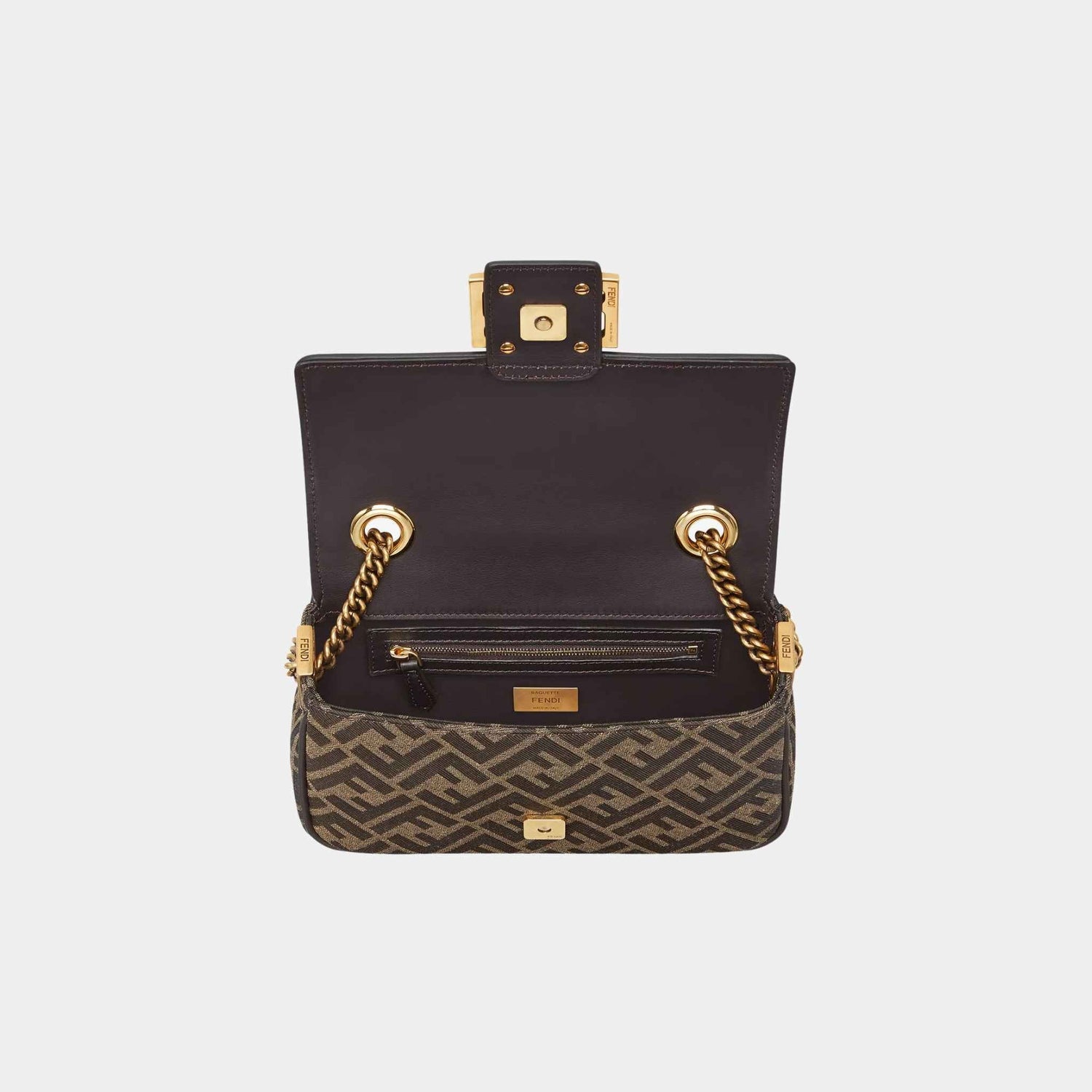 Fendi Baguette Chain Midi Brown FF Jacquard Fabric Bag, Top