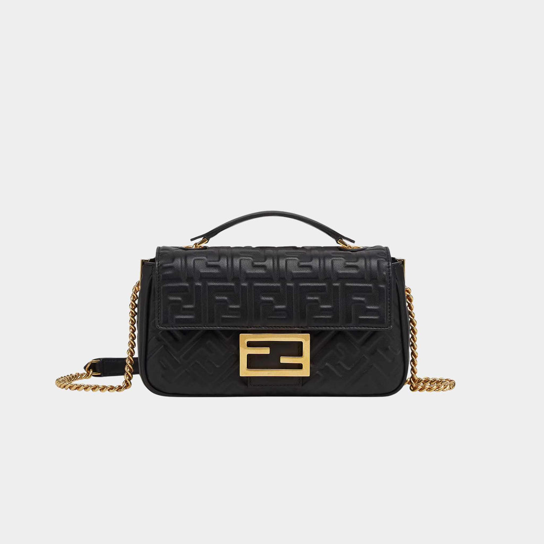 Fendi Baguette Chain Midi Nappa Bag With FF Pattern, Black, Front