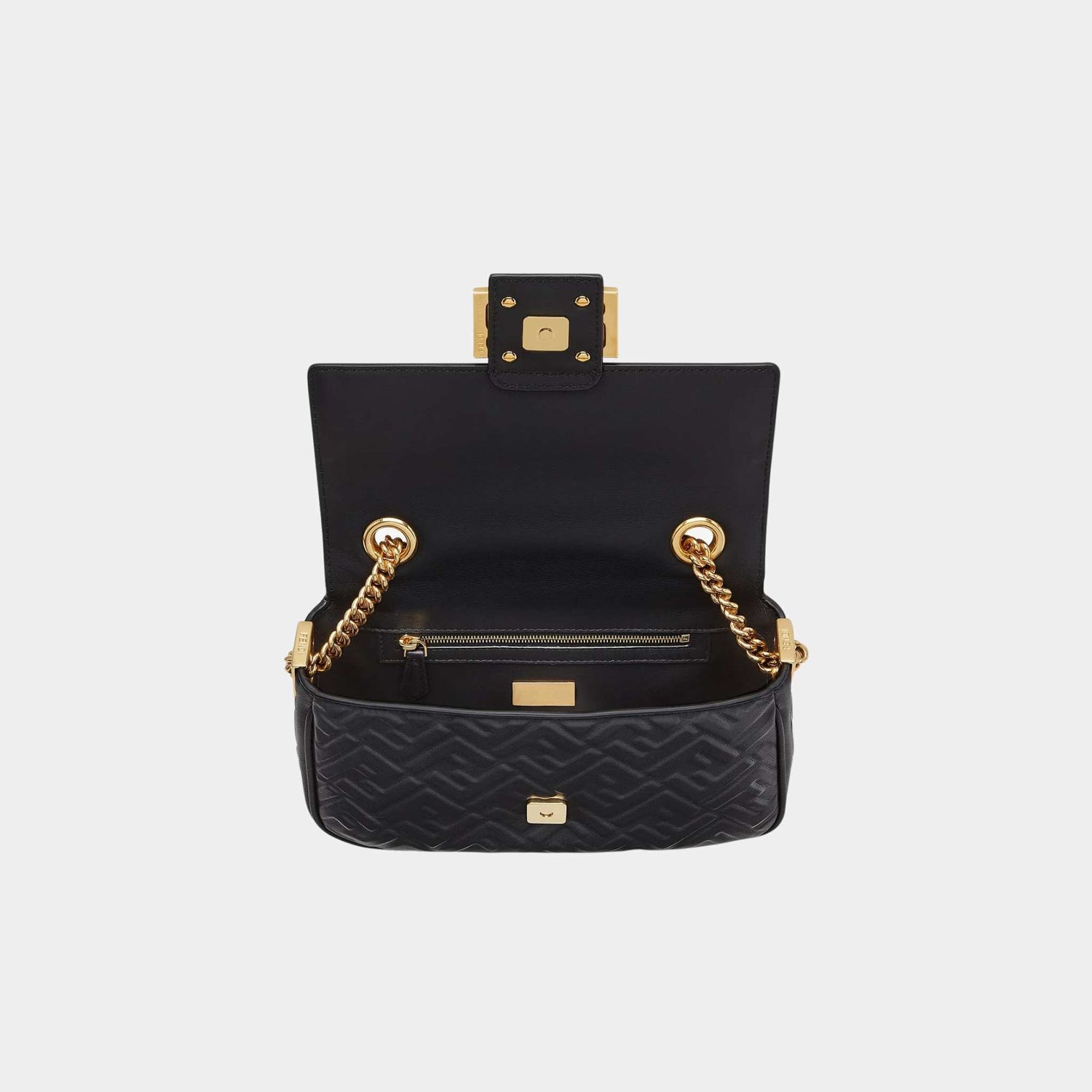 Fendi Baguette Chain Midi Nappa Bag With FF Pattern, Black, Top