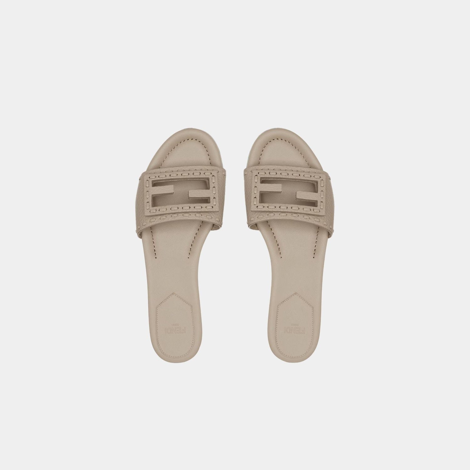 Fendi Baguette Leather Slides With Macro Selleria Topstitches, Dove Grey, Top