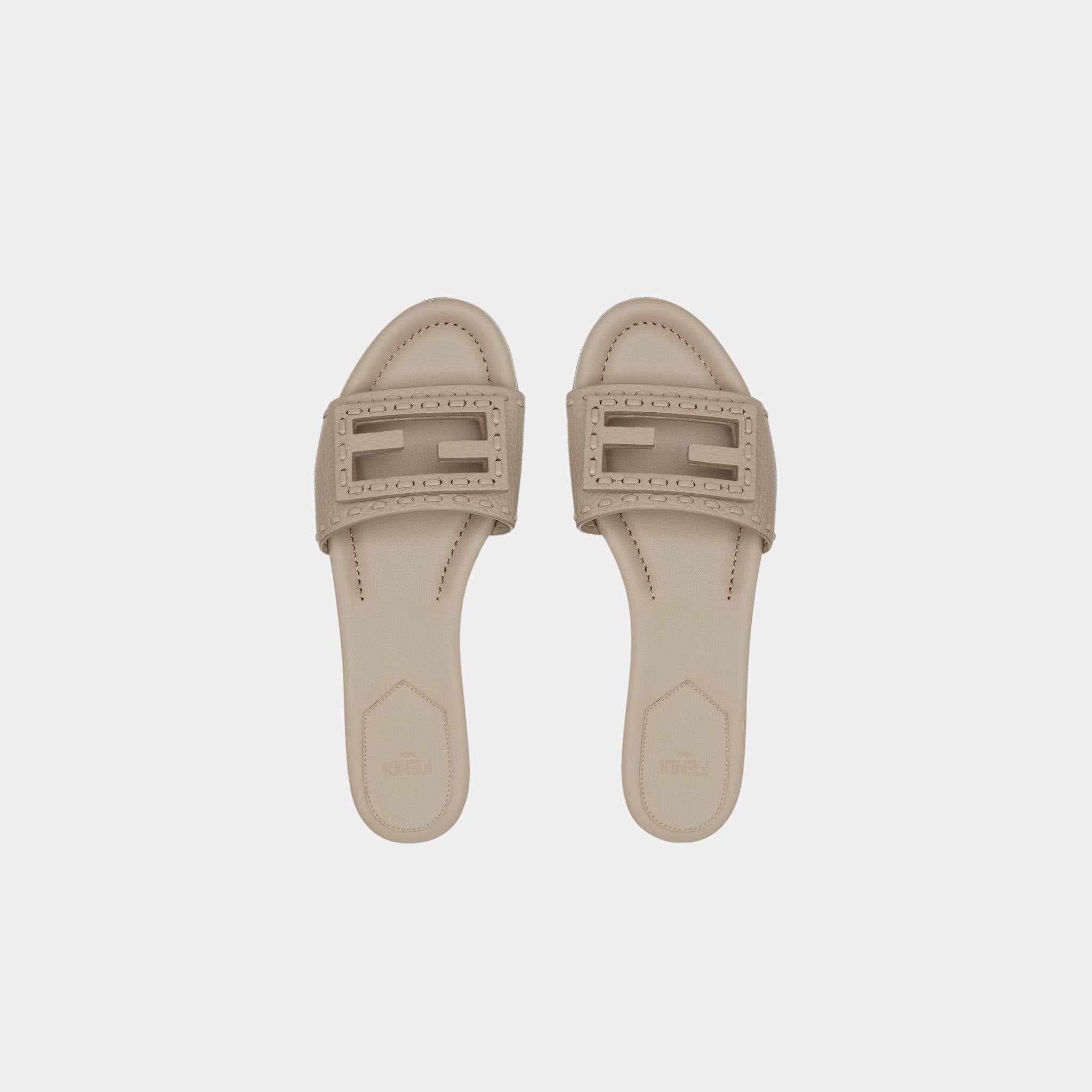 Fendi Baguette Leather Slides With Macro Selleria Topstitches, Dove Grey, Top