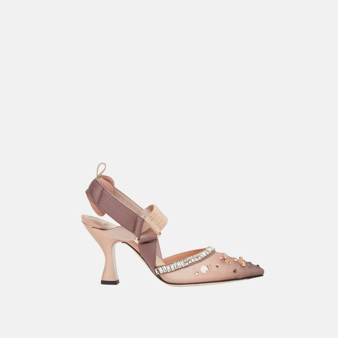 Fendi Colibri High Heeled Slingbacks In Pink Mesh & Crystals, Side