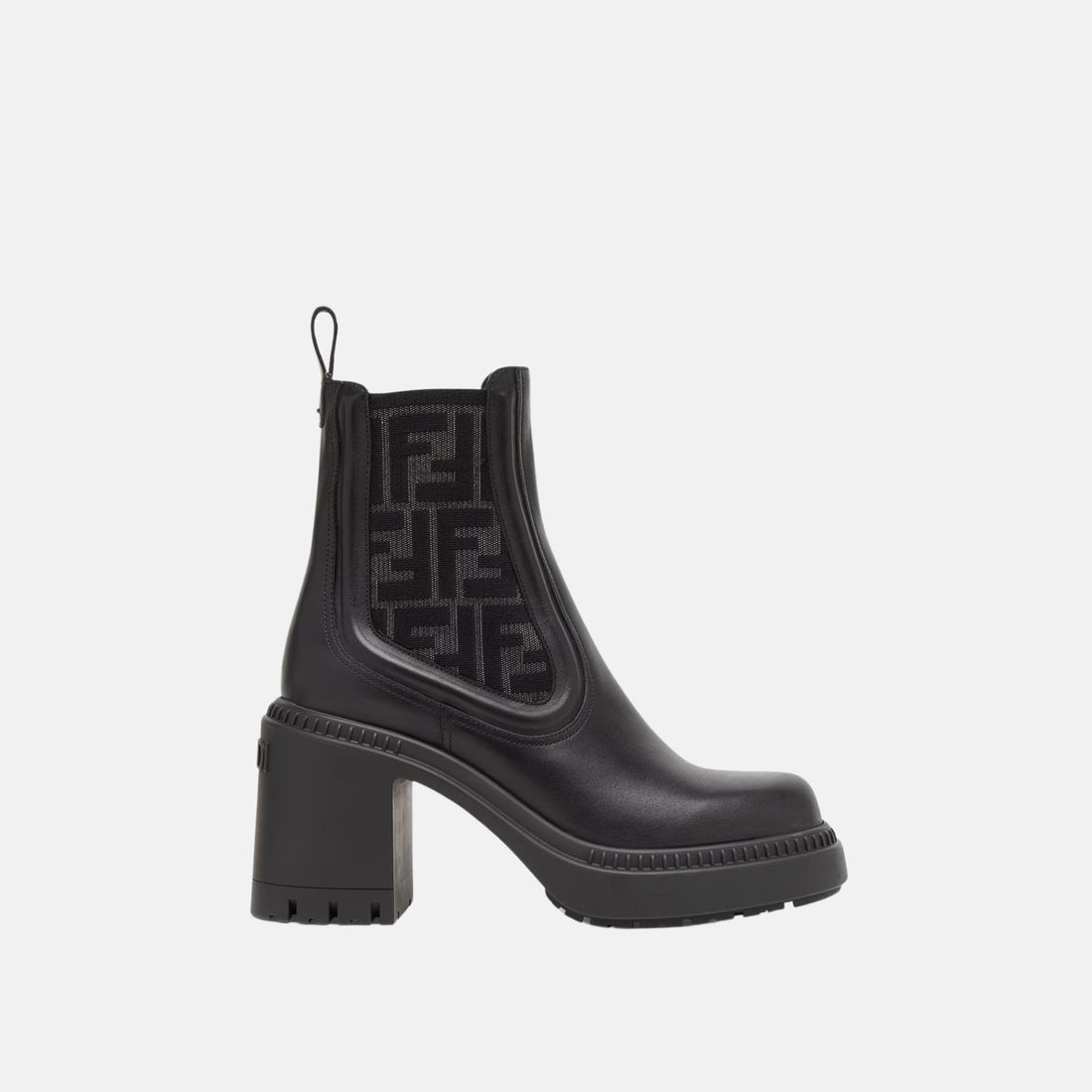 Fendi Domino Biker Boots In Black Grey FF Stretch Fabric Leather, Side