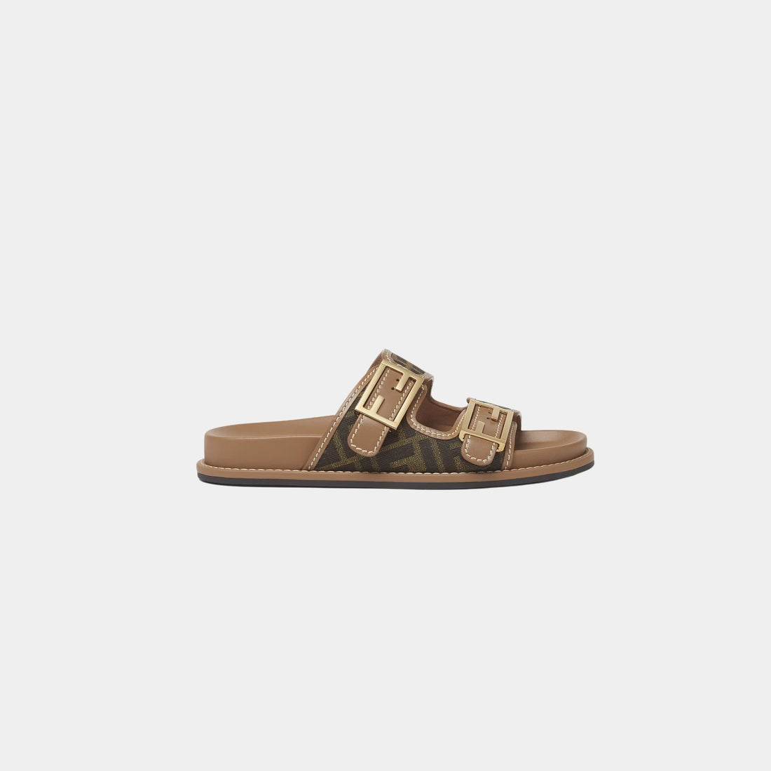 Fendi Feel FF Fabric Double-Band Slides, Brown, Side