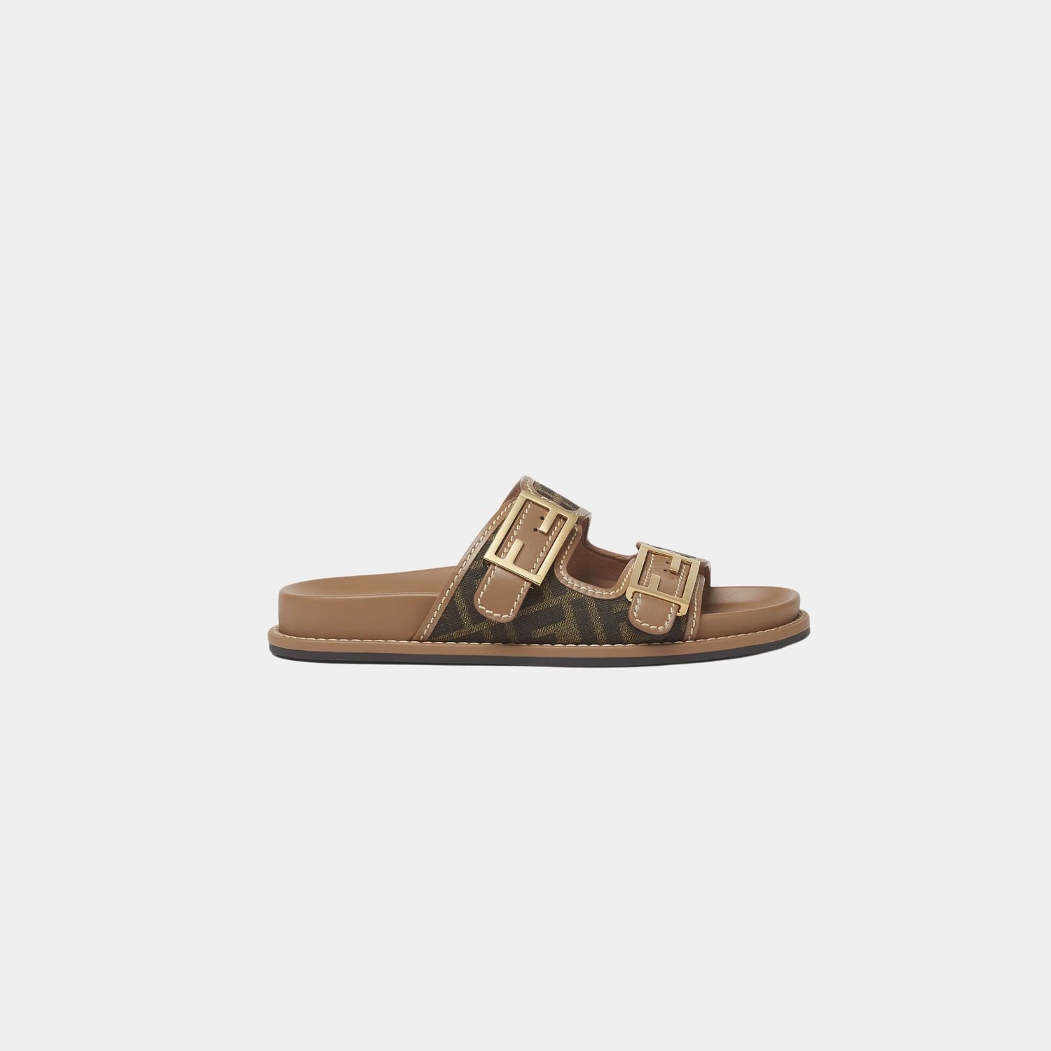 Fendi Feel FF Fabric Double-Band Slides, Brown, Side